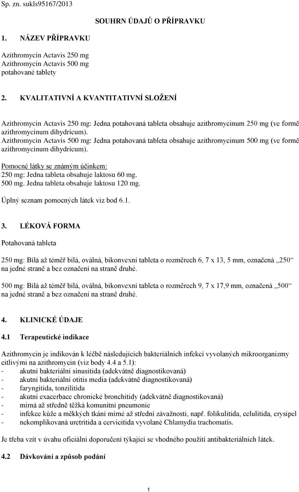 Azithromycin Actavis 500 mg: Jedna potahovaná tableta obsahuje azithromycinum 500 mg (ve formě azithromycinum dihydricum).