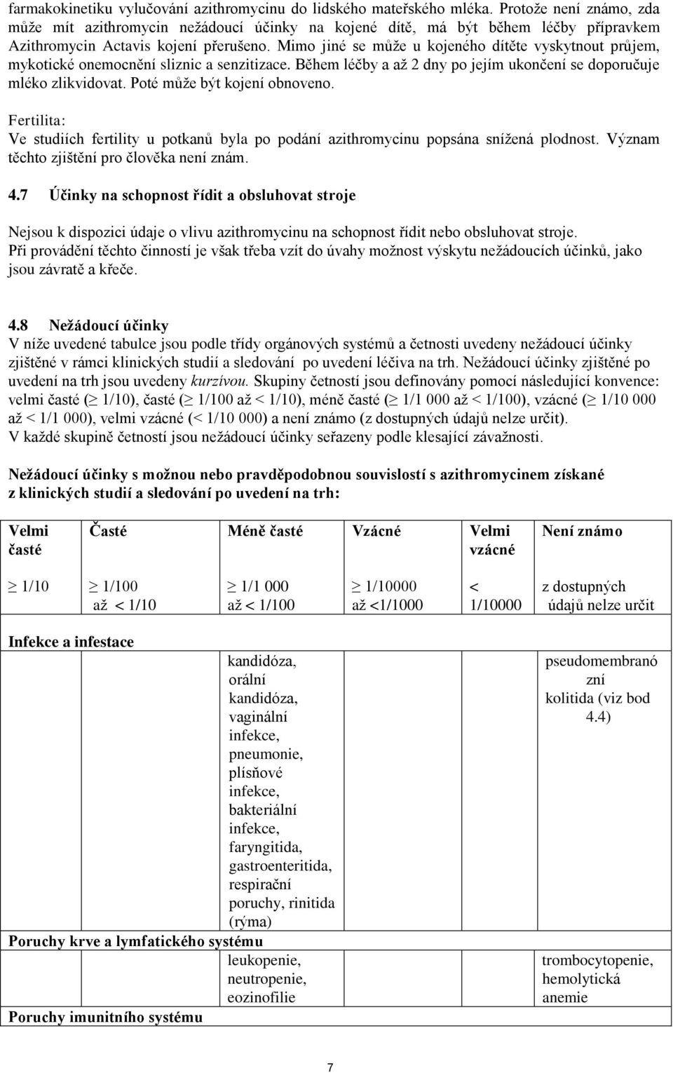 Mimo jiné se může u kojeného dítěte vyskytnout průjem, mykotické onemocnění sliznic a senzitizace. Během léčby a až 2 dny po jejím ukončení se doporučuje mléko zlikvidovat.