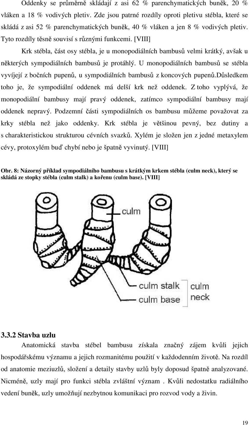 [VIII] Krk stébla, část osy stébla, je u monopodiálních bambusů velmi krátký, avšak u některých sympodiálních bambusů je protáhlý.
