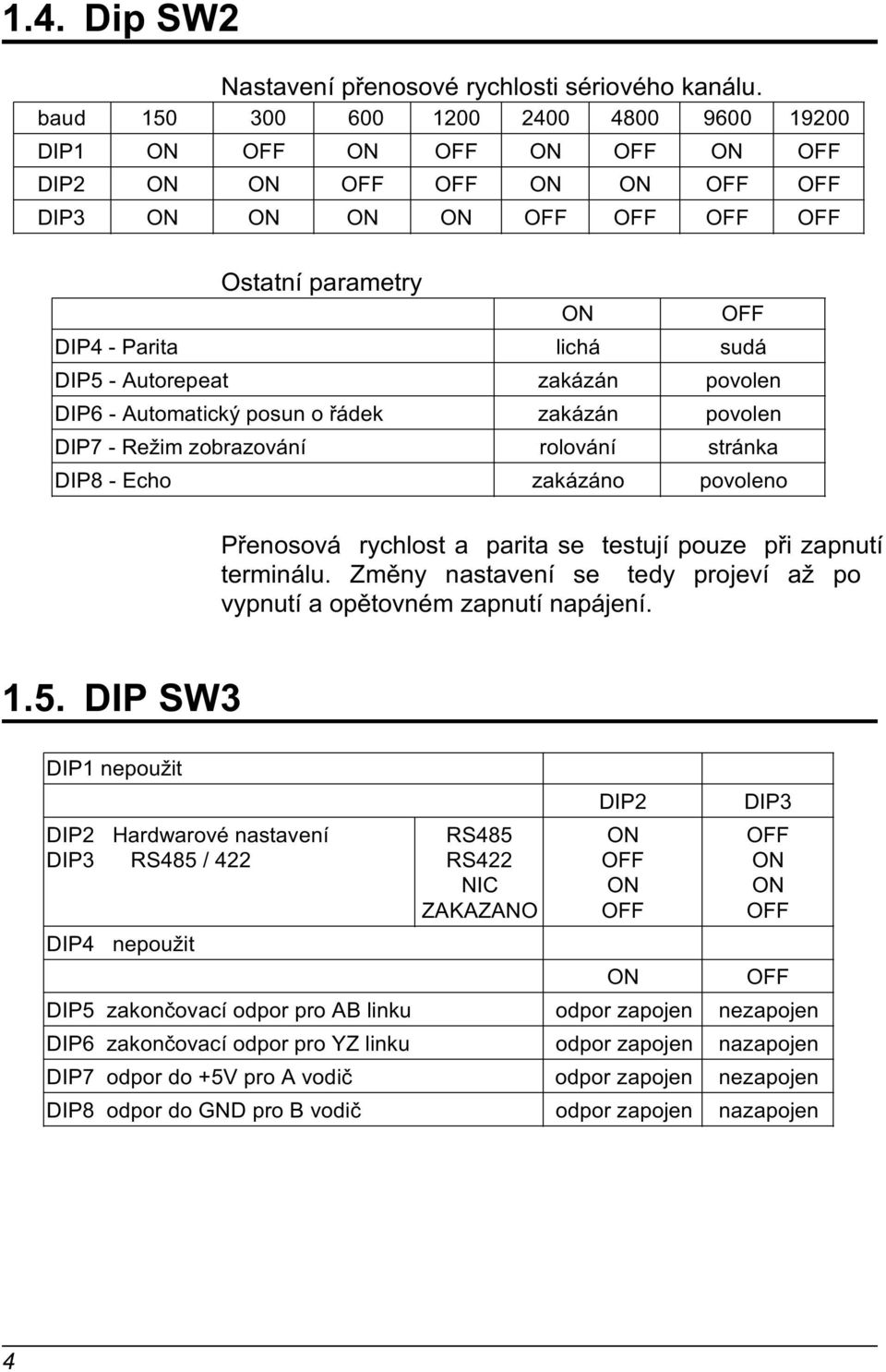 zobrazování rolování stránka DIP8 - Echo zakázáno povoleno Pøenosová rychlost a parita se testují pouze pøi zapnutí terminálu.