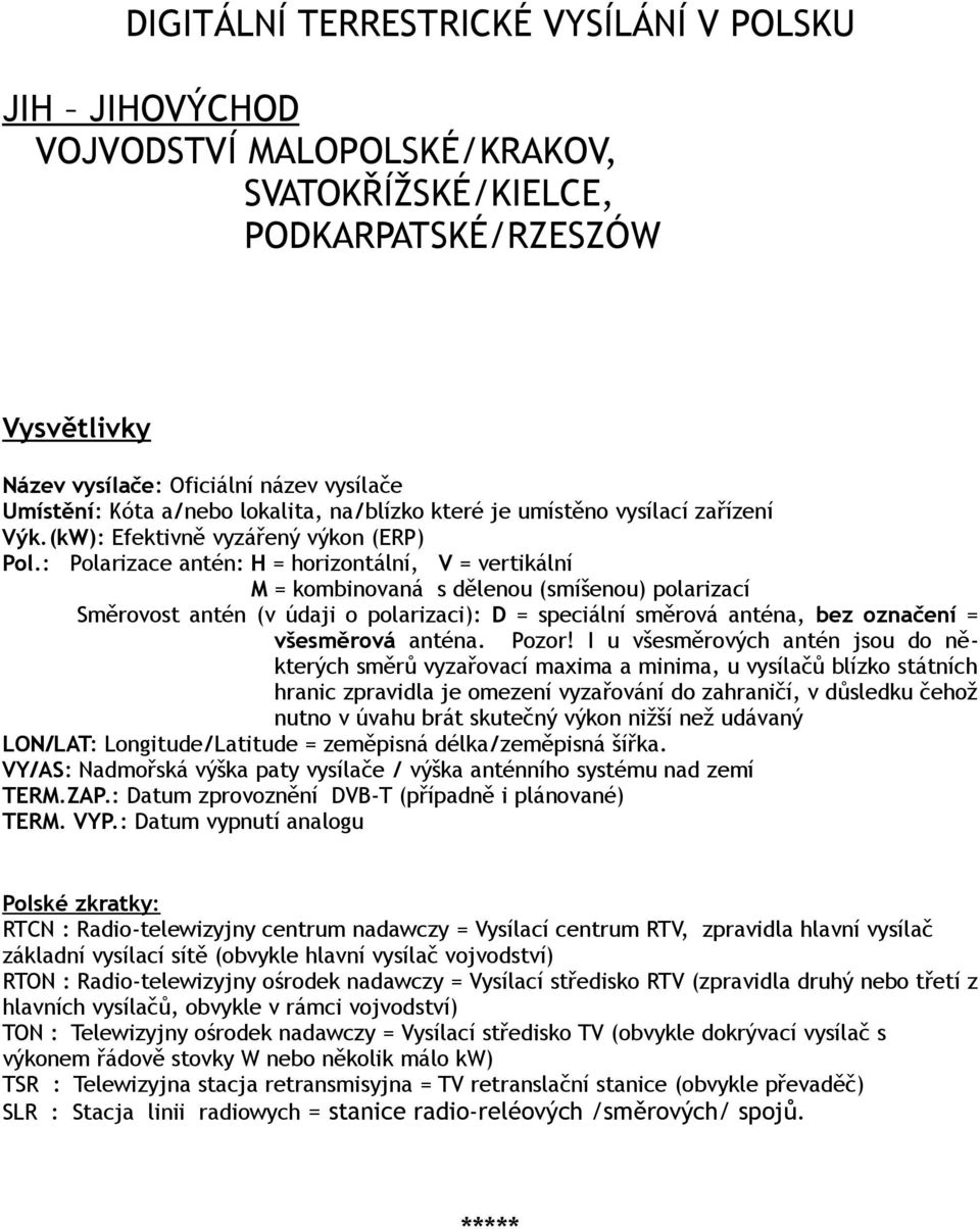 Směrovost antén (v údaji o polarizaci): D = speciální směrová anténa, bez označení = všesměrová anténa Pozor!