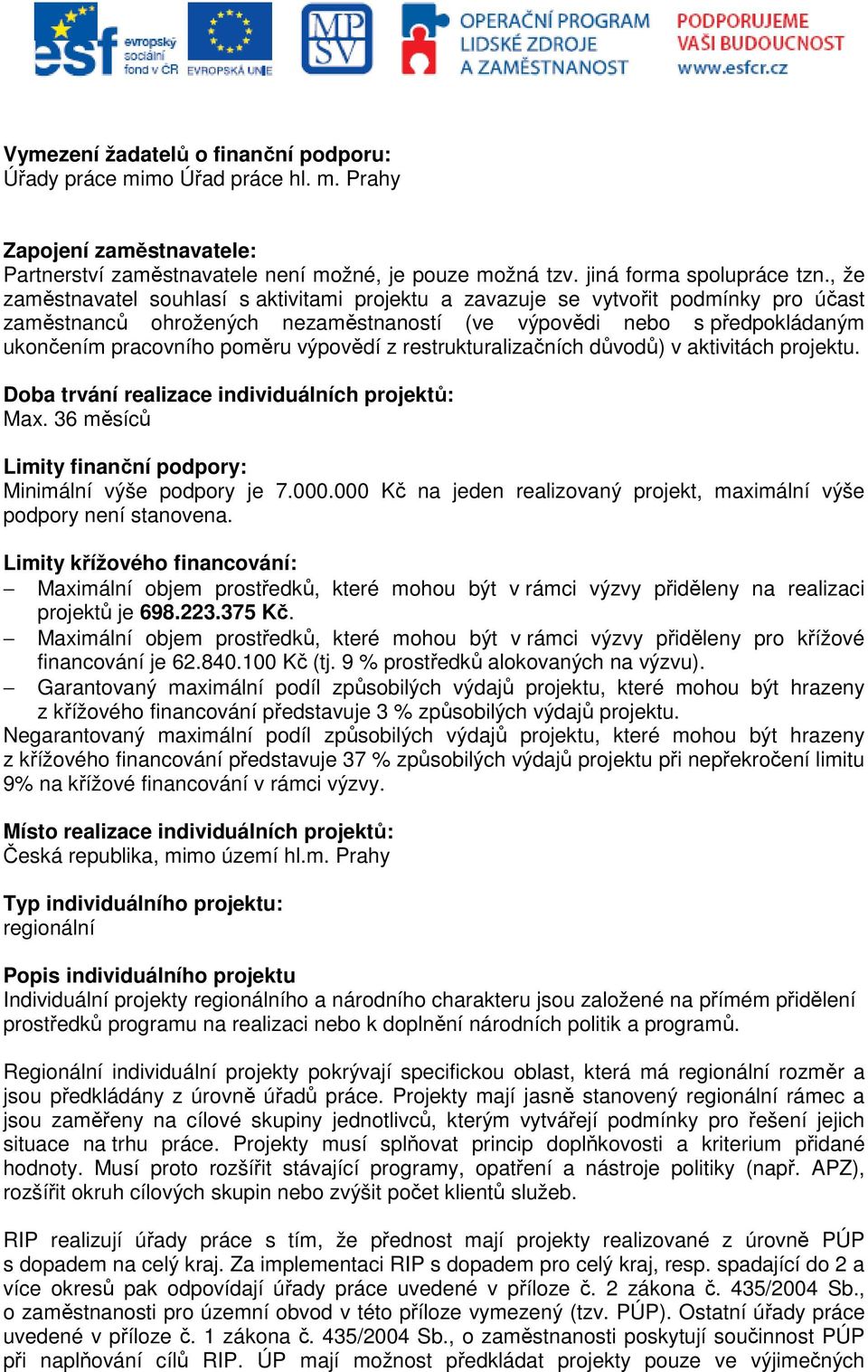 výpovědí z restrukturalizačních důvodů) v aktivitách projektu. Doba trvání realizace individuálních projektů: Max. 36 měsíců Limity finanční podpory: Minimální výše podpory je 7.000.