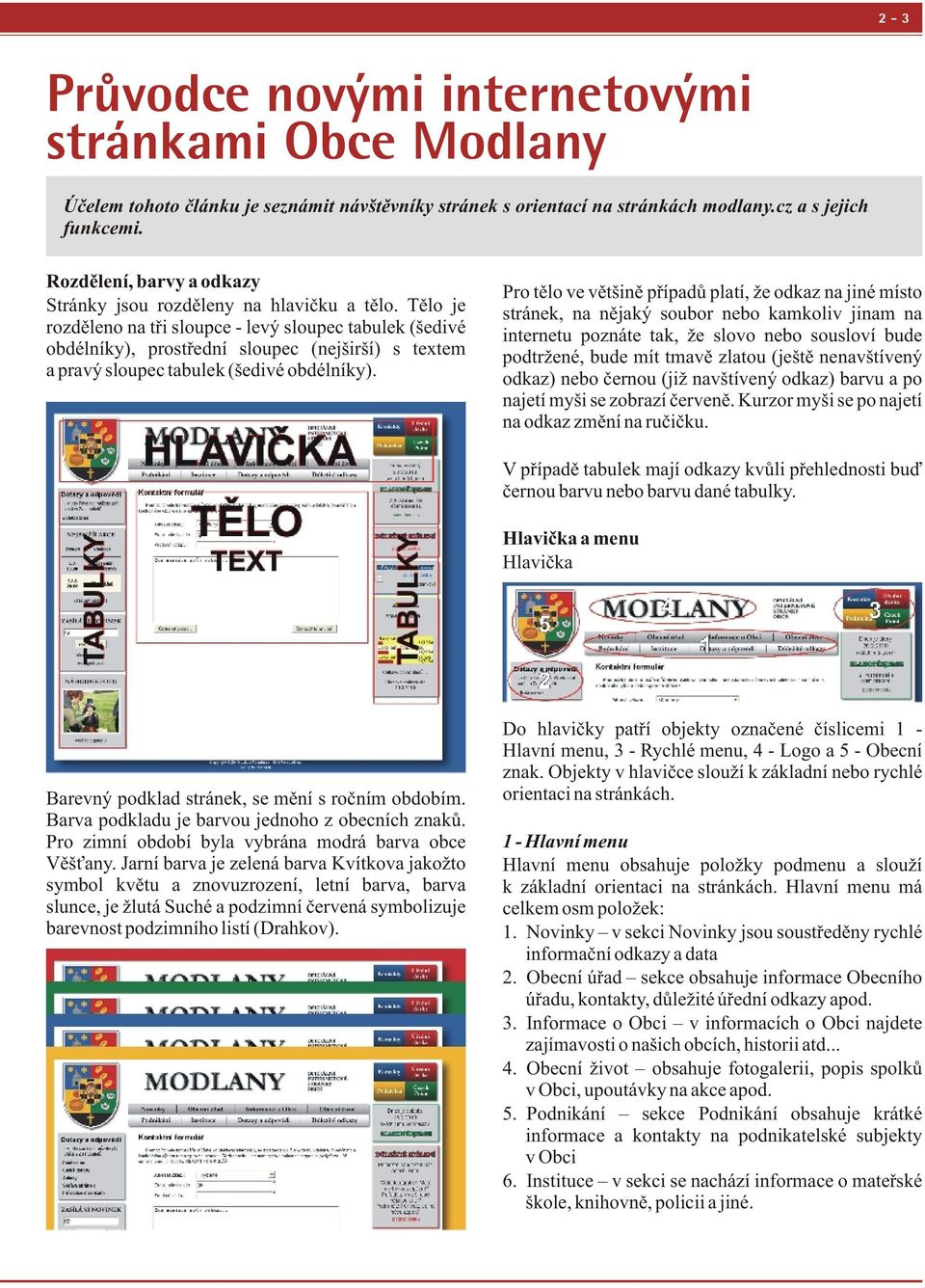 Tělo je rozděleno na tři sloupce - levý sloupec tabulek (šedivé obdélníky), prostřední sloupec (nejširší) s textem a pravý sloupec tabulek (šedivé obdélníky).