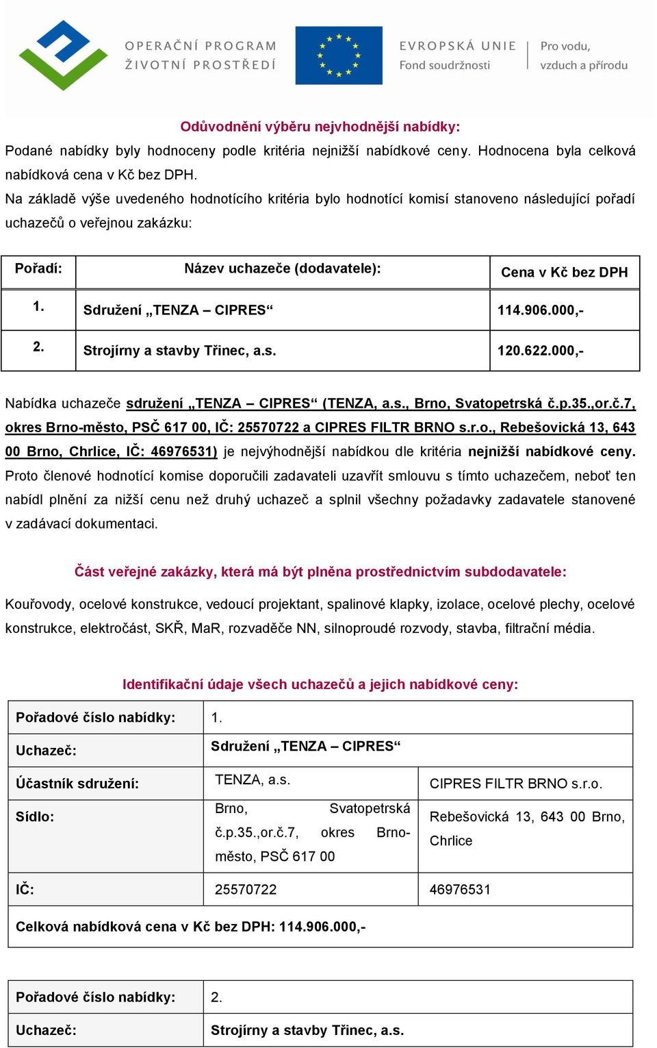 Sdružení TENZA CIPRES 114.906.000,- 2. Strojírny a stavby Třinec, a.s. 120.622.000,- Nabídka uchazeče sdružení TENZA CIPRES (TENZA, a.s., Brno, Svatopetrská č.p.35.,or.č.7, okres Brno-město, PSČ 617 00, IČ: 25570722 a CIPRES FILTR BRNO s.
