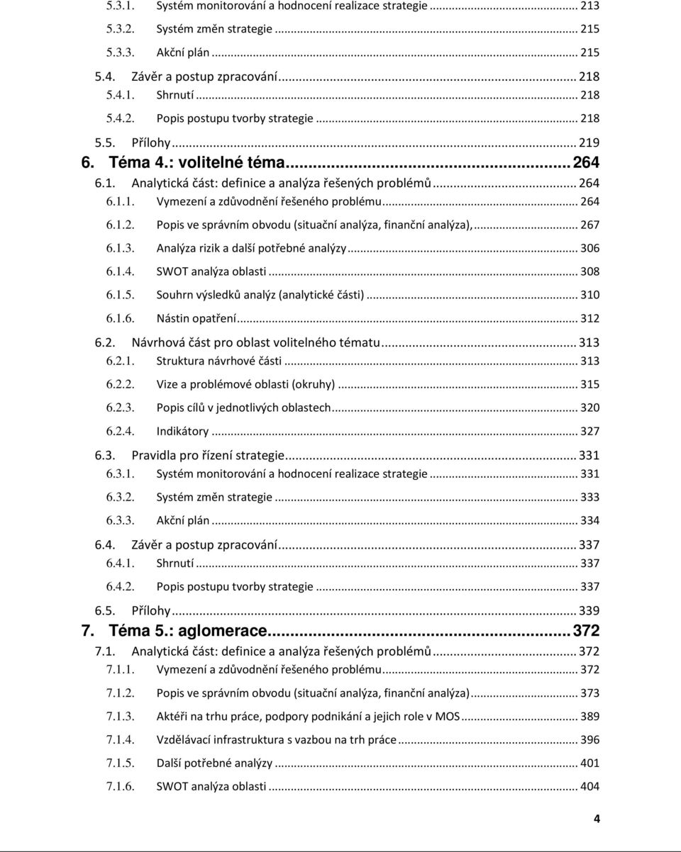 .. 267 6.1.3. Analýza rizik a další potřebné analýzy... 306 6.1.4. SWOT analýza oblasti... 308 6.1.5. Souhrn výsledků analýz (analytické části)... 310 6.1.6. Nástin opatření... 312 6.2. Návrhová část pro oblast volitelného tématu.