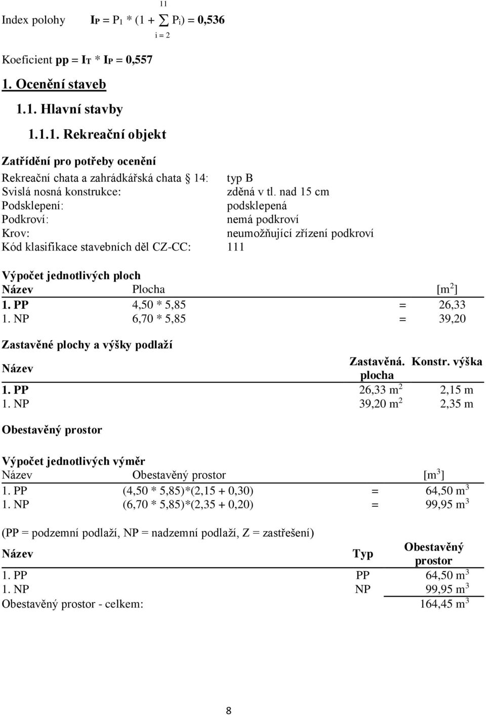 PP 4,50 * 5,85 = 26,33 1. NP 6,70 * 5,85 = 39,20 Zastavěné plochy a výšky podlaží Název Zastavěná. Konstr. výška plocha 1. PP 26,33 m 2 2,15 m 1.