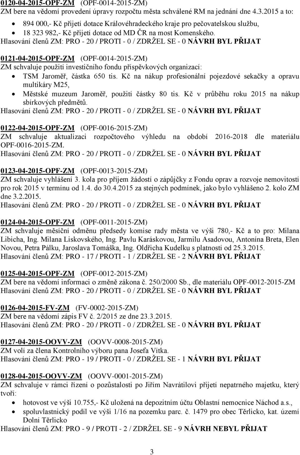 0121-04-2015-OPF-ZM (OPF-0014-2015-ZM) ZM schvaluje použití investičního fondu příspěvkových organizací: TSM Jaroměř, částka 650 tis.