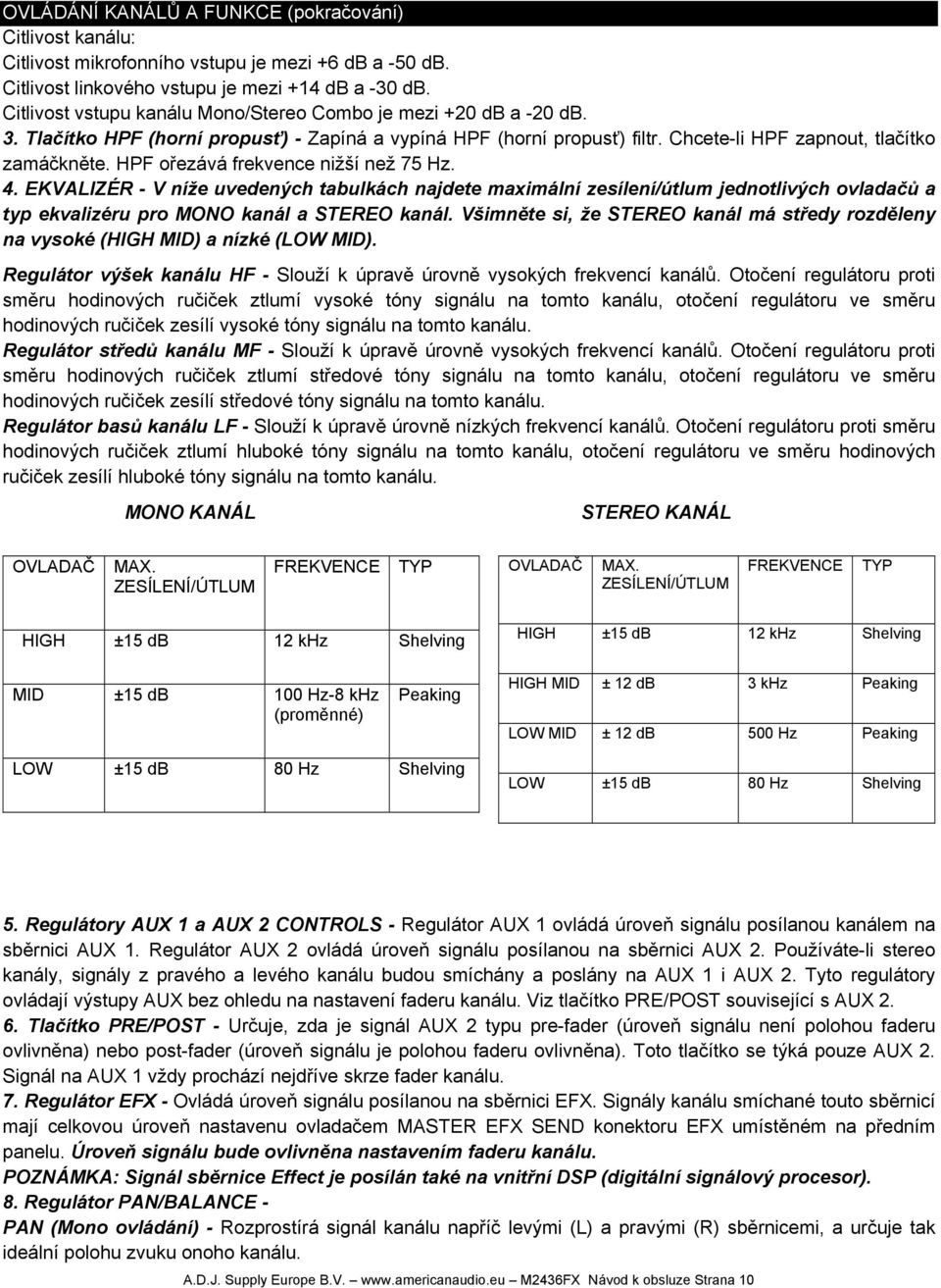 HPF ořezává frekvence nižší než 75 Hz. 4. EKVALIZÉR - V níže uvedených tabulkách najdete maximální zesílení/útlum jednotlivých ovladačů a typ ekvalizéru pro MONO kanál a STEREO kanál.