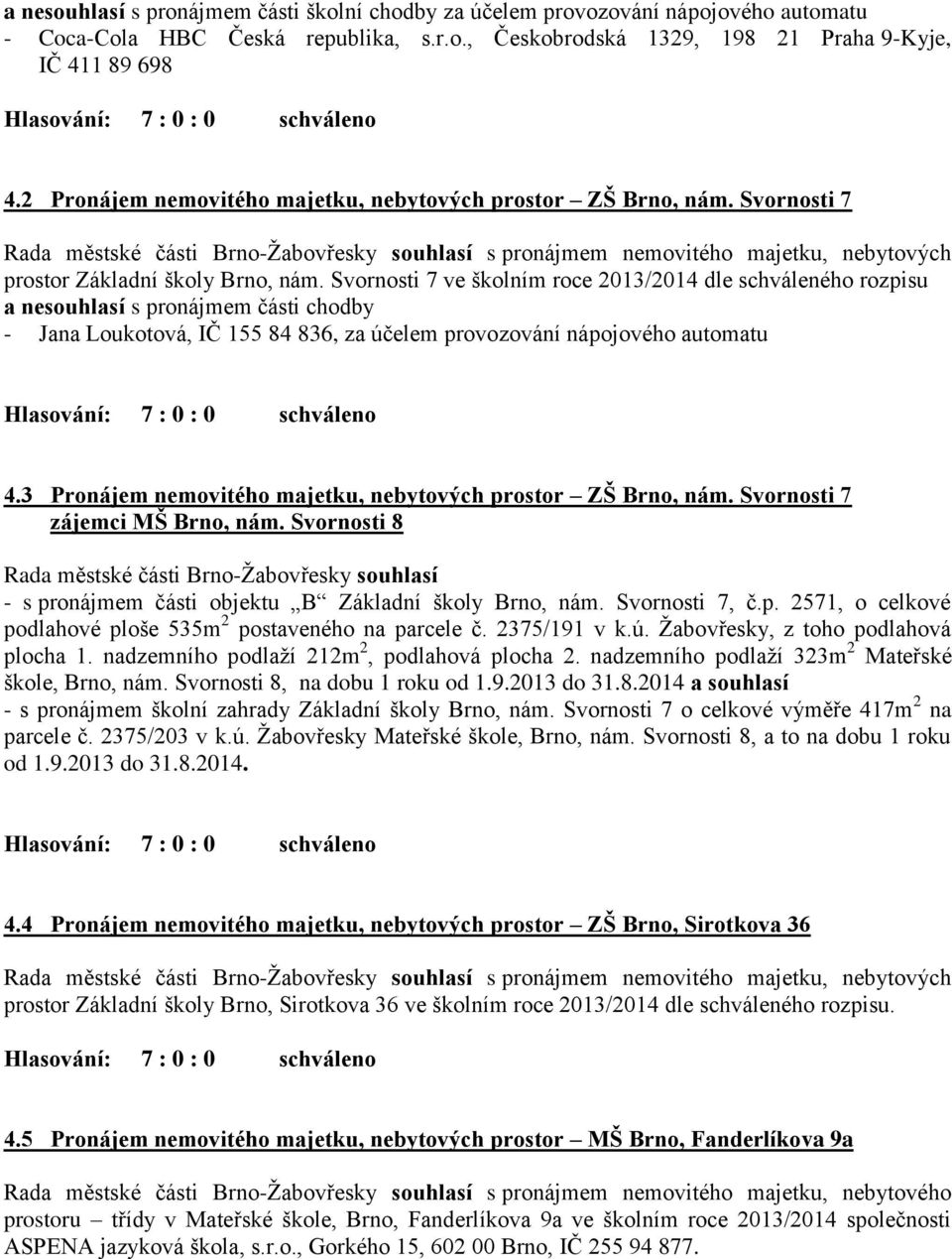 Svornosti 7 ve školním roce 2013/2014 dle schváleného rozpisu a nesouhlasí s pronájmem části chodby - Jana Loukotová, IČ 155 84 836, za účelem provozování nápojového automatu 4.