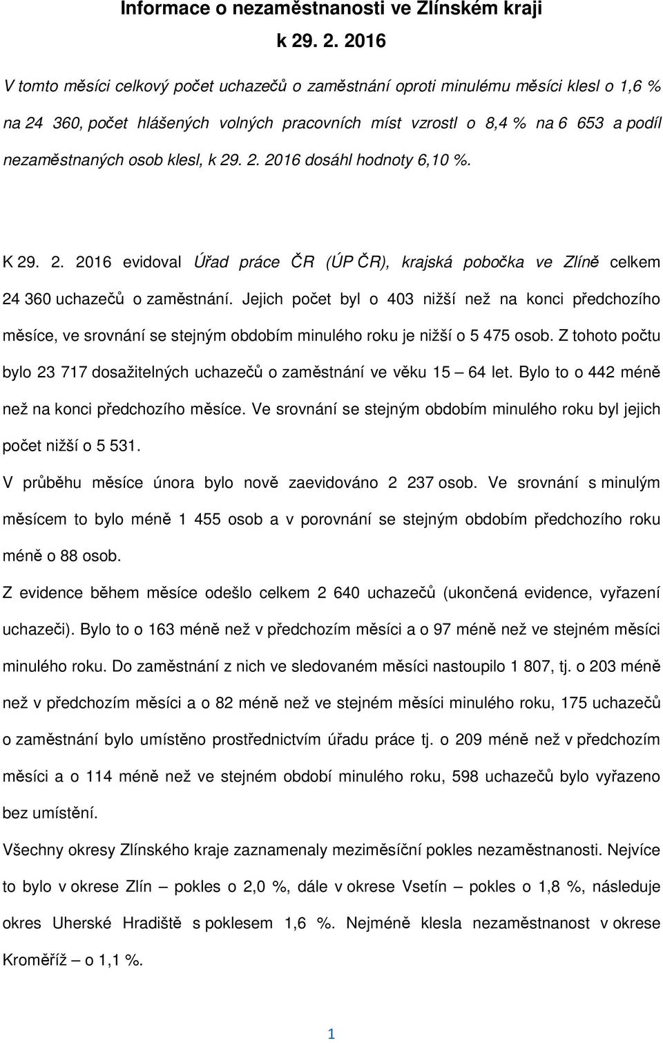 osob klesl, k 29. 2. 2016 dosáhl hodnoty 6,10 %. K 29. 2. 2016 evidoval Úřad práce ČR (ÚP ČR), krajská pobočka ve Zlíně celkem 24 360 uchazečů o zaměstnání.