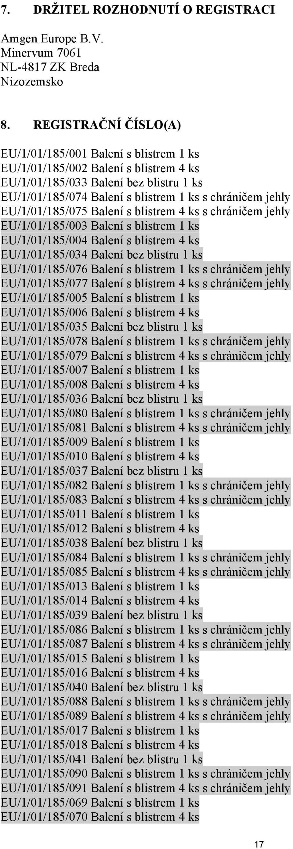 EU/1/01/185/075 Balení s blistrem 4 ks s chráničem jehly EU/1/01/185/003 Balení s blistrem 1 ks EU/1/01/185/004 Balení s blistrem 4 ks EU/1/01/185/034 Balení bez blistru 1 ks EU/1/01/185/076 Balení s