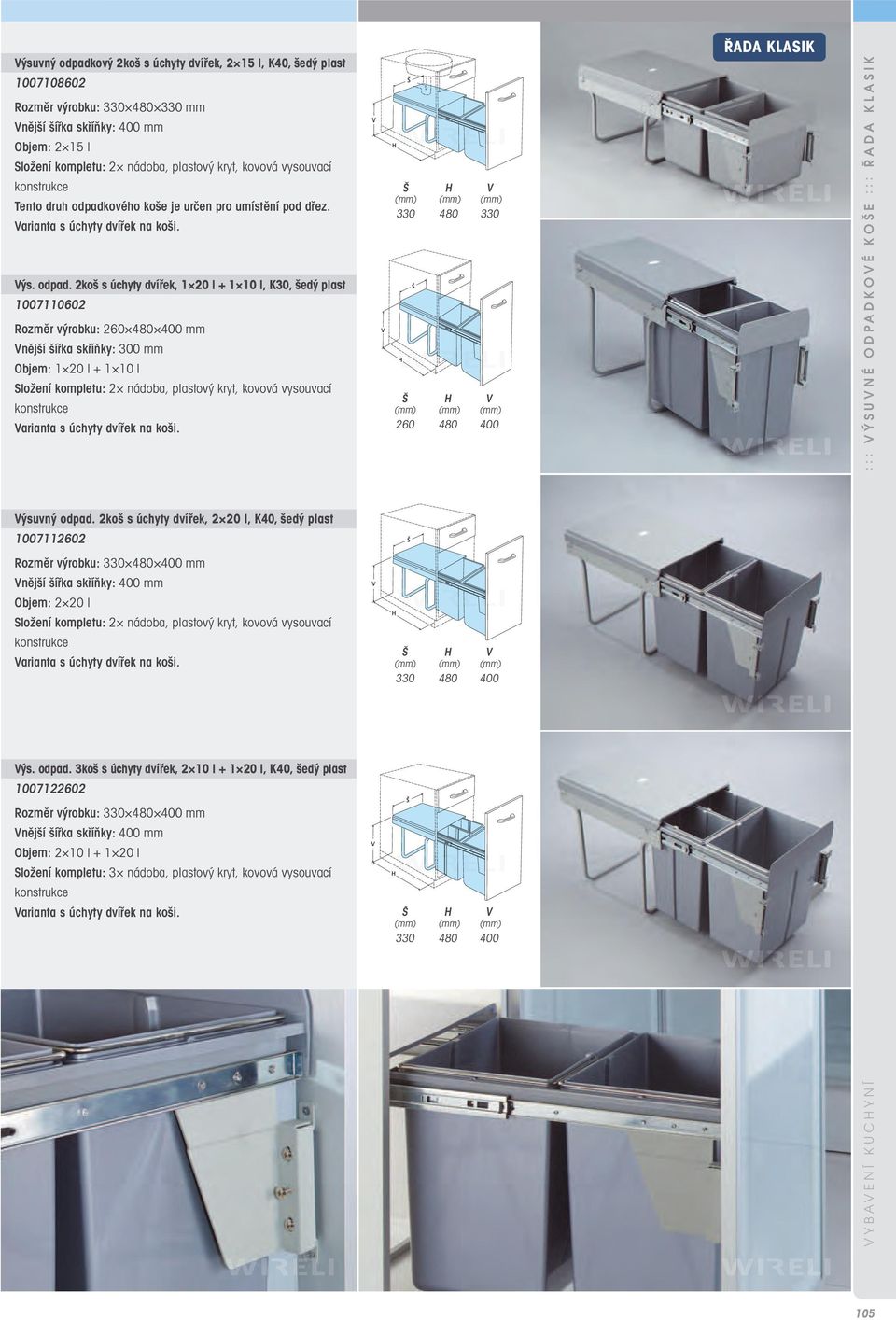 2koš s úchyty dvířek, 1 20 l + 1 10 l, K30, šedý plast 1007110602 Rozměr výrobku: 260 480 400 mm Vnější šířka skříňky: 300 mm Objem: 1 20