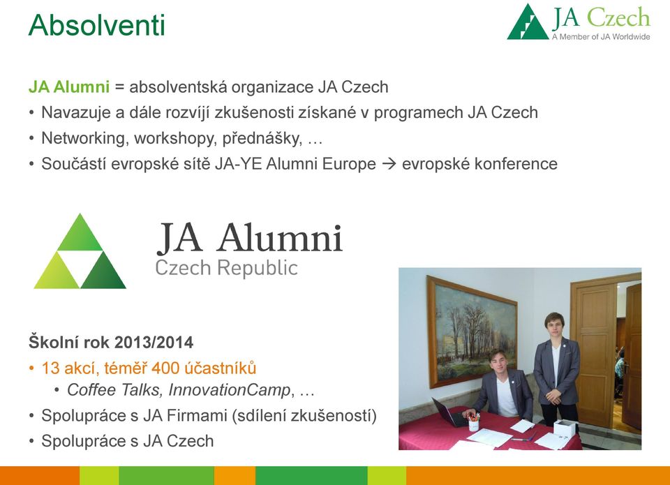 JA-YE Alumni Europe evropské konference Školní rok 2013/2014 13 akcí, téměř 400 účastníků