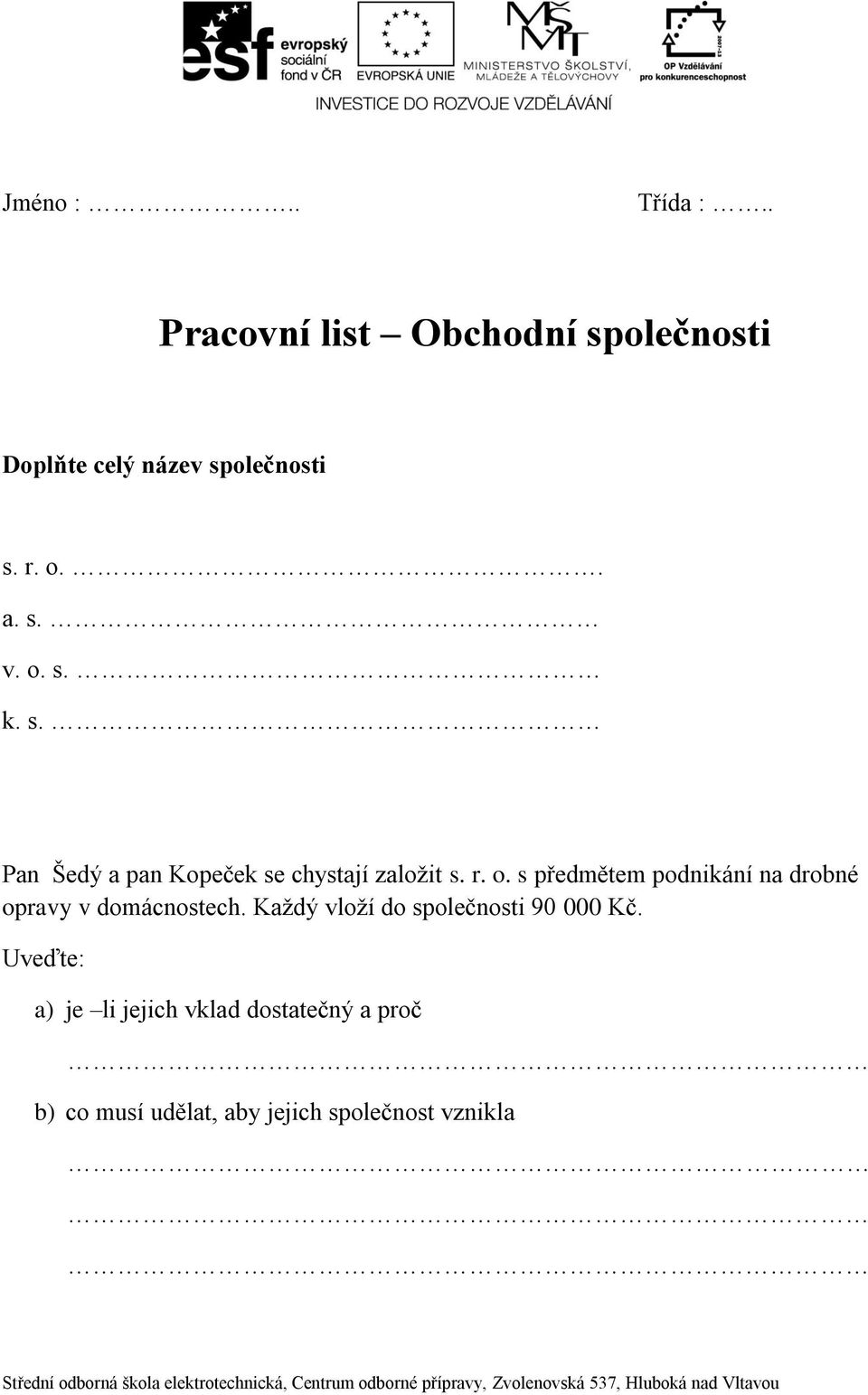 Každý vloží do společnosti 90 000 Kč.