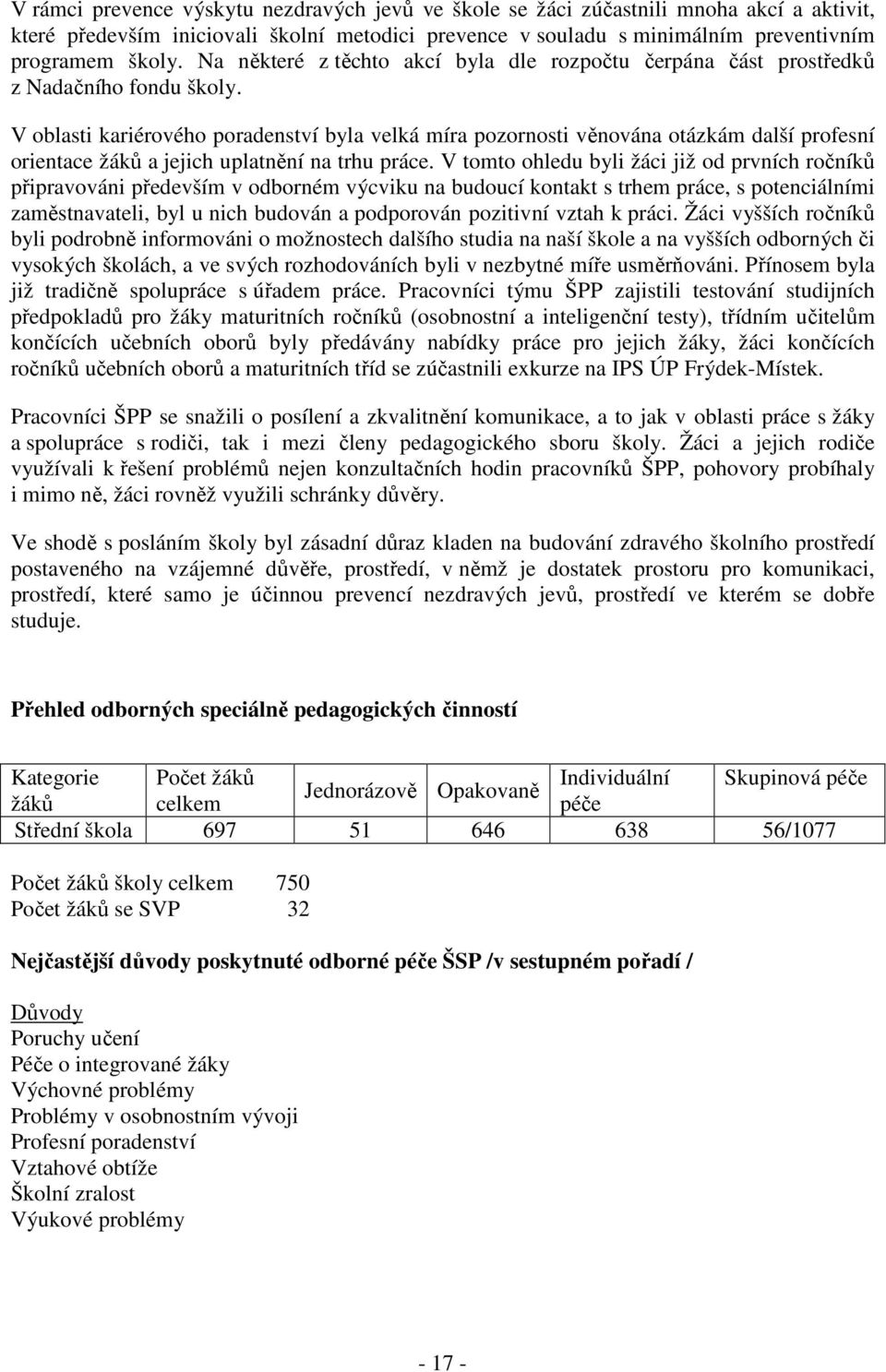 V oblasti kariérového poradenství byla velká míra pozornosti věnována otázkám další profesní orientace žáků a jejich uplatnění na trhu práce.