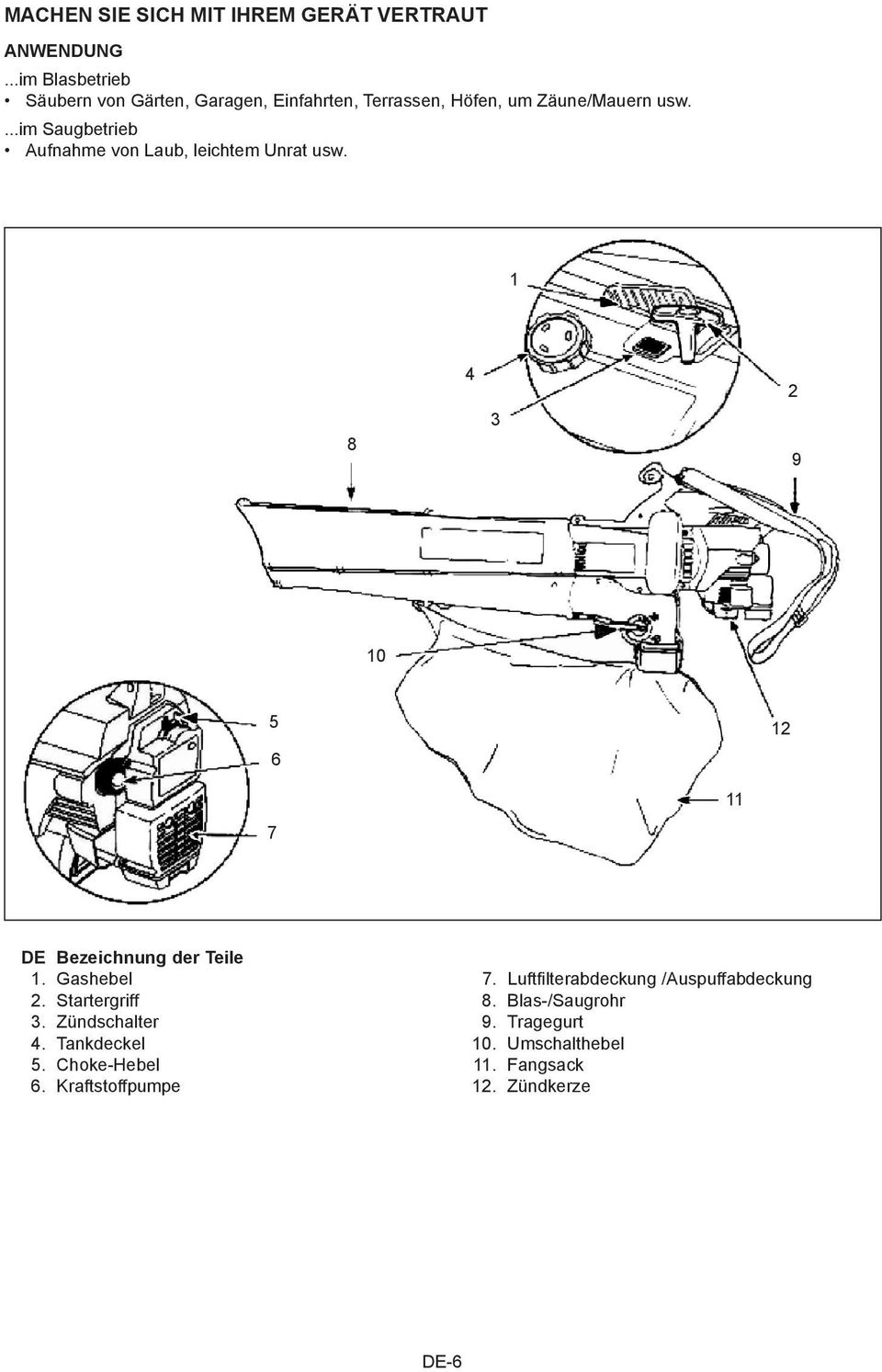 ...im Saugbetrieb Aufnahme von Laub, leichtem Unrat usw. 1 8 4 3 2 9 10 5 6 12 11 7 DE Bezeichnung der Teile 1.