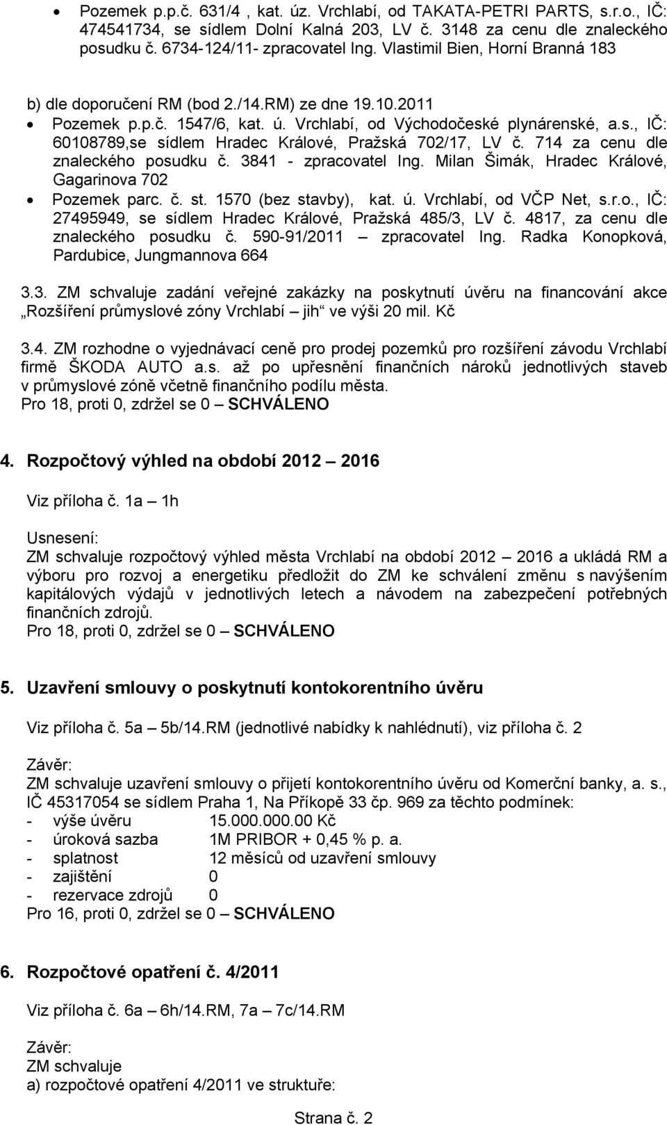 714 za cenu dle znaleckého posudku č. 3841 - zpracovatel Ing. Milan Šimák, Hradec Králové, Gagarinova 702 Pozemek parc. č. st. 1570 (bez stavby), kat. ú. Vrchlabí, od VČP Net, s.r.o., IČ: 27495949, se sídlem Hradec Králové, Pražská 485/3, LV č.