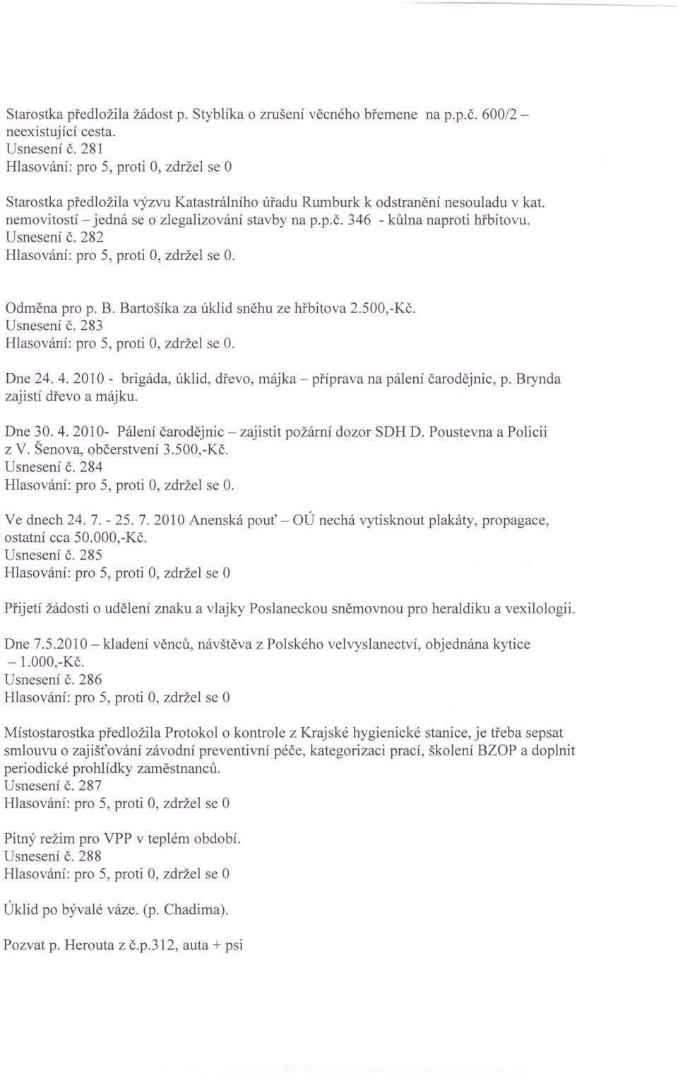 282 Odměna pro p. B. Bartošíka za úklid sněhu ze hřbitova 2.500,-Kč. Usnesení č. 283 Dne 24. 4. 2010 - brigáda, úklid, dřevo, májka - příprava na pálení čarodějnic, p. Brynda zajistí dřevo a májku.