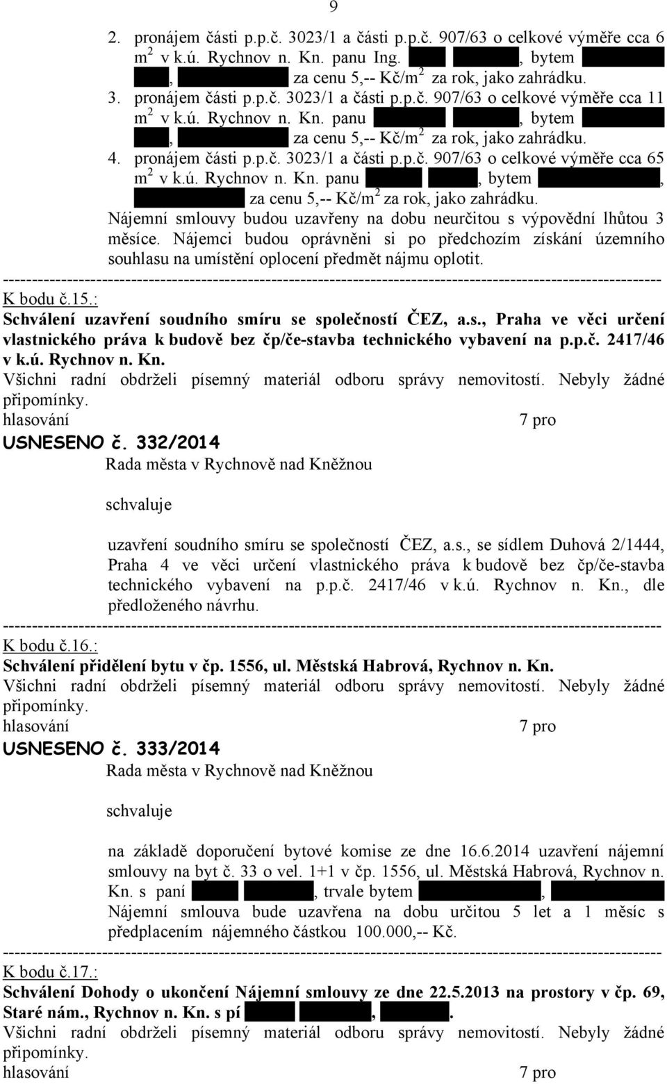 4. pronájem části p.p.č. 3023/1 části p.p.č. 907/63 o celkové výměře cc 65 m 2 v k.ú. Rychnov n. Kn. pnu Mrtinu Popovi, bytem U Stdionu 1518, Rychnov n. Kn. z cenu 5,-- Kč/m 2 z rok, jko zhrádku.