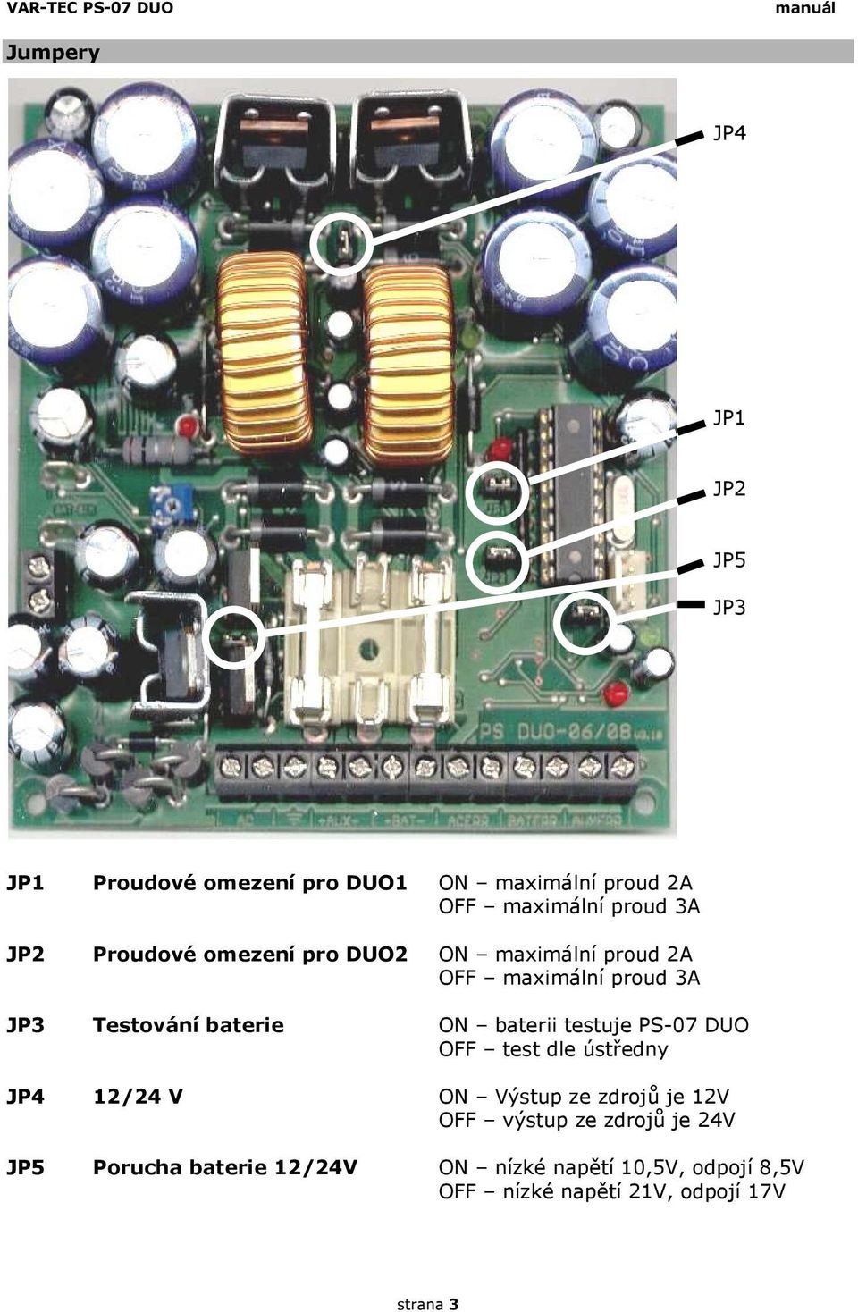 baterii testuje PS-07 DUO OFF test dle ústředny JP4 12/24 V ON Výstup ze zdrojů je 12V OFF výstup ze