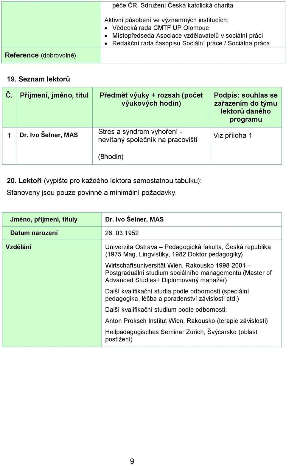 Ivo Šelner, MAS Stres a syndrom vyhoření - nevítaný společník na pracovišti Podpis: souhlas se zařazením do týmu lektorů daného programu Viz příloha 1 (8hodin) 20.