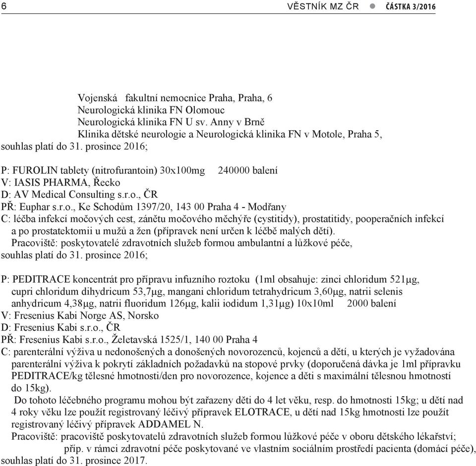 prosince 2016; P: FUROLIN tablety (nitrofurantoin) 30x100mg 240000 balení V: IASIS PHARMA, Řecko D: AV Medical Consulting s.r.o., ČR PŘ: Euphar s.r.o., Ke Schodům 1397/20, 143 00 Praha 4 - Modřany C: