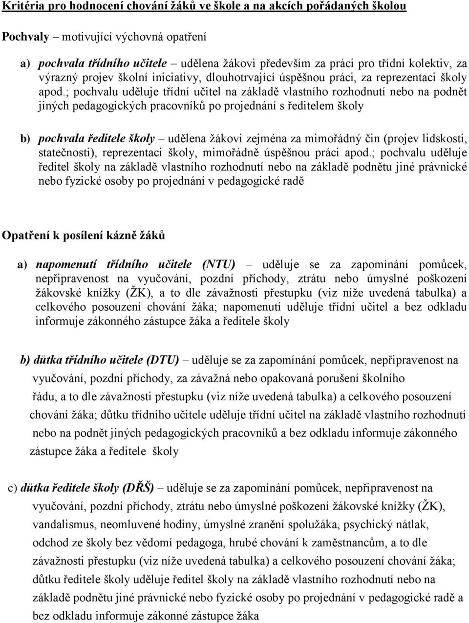 ; pochvalu uděluje třídní učitel na základě vlastního rozhodnutí nebo na podnět jiných pedagogických pracovníků po projednání s ředitelem školy b) pochvala ředitele školy udělena žákovi zejména za