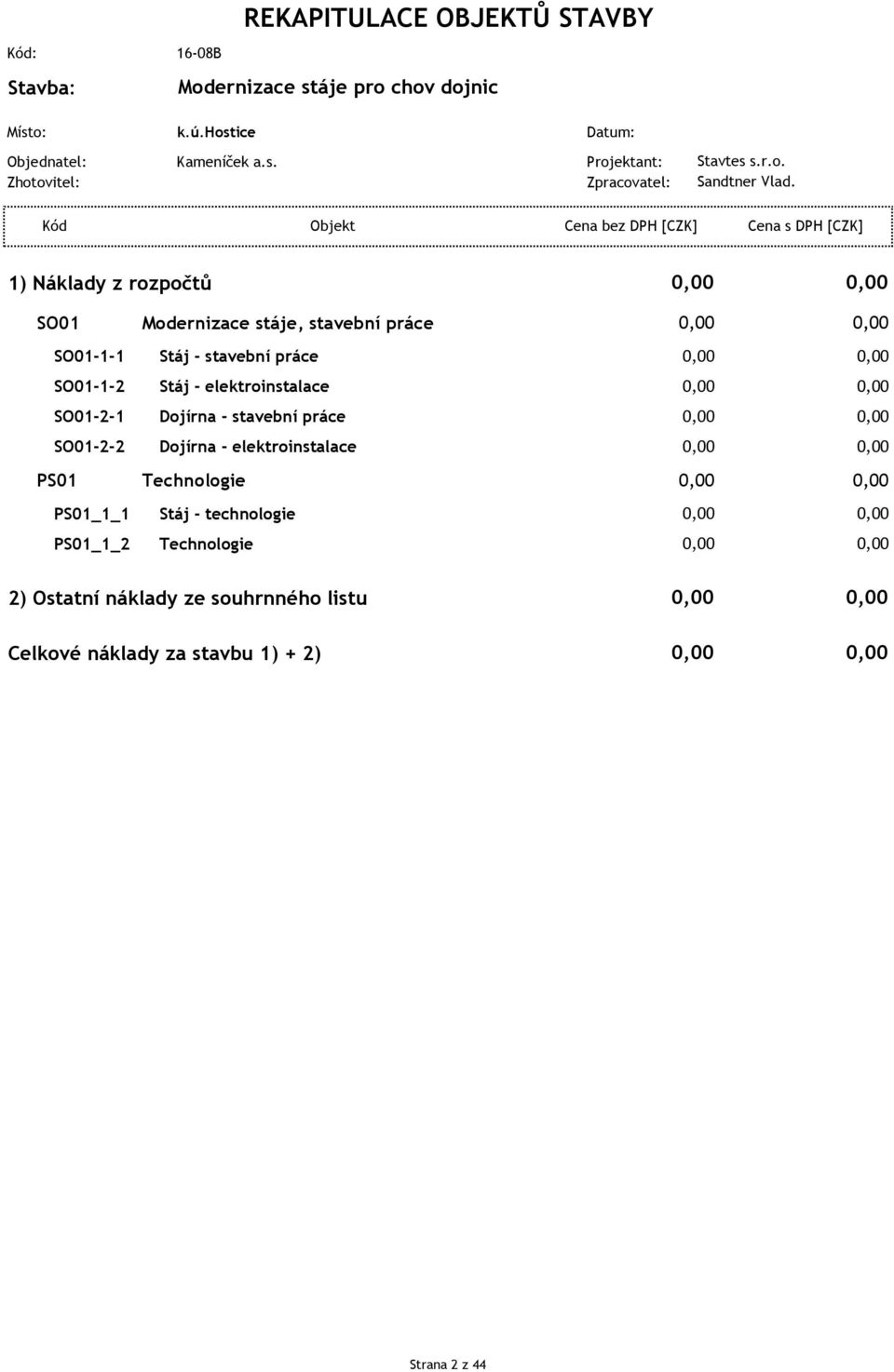 Kód Objekt Cena bez DPH [CZK] Cena s DPH [CZK] 1) Náklady z rozpočtů SO01 Modernizace stáje, stavební práce SO01-1-1 Stáj - stavební práce SO01-1-2