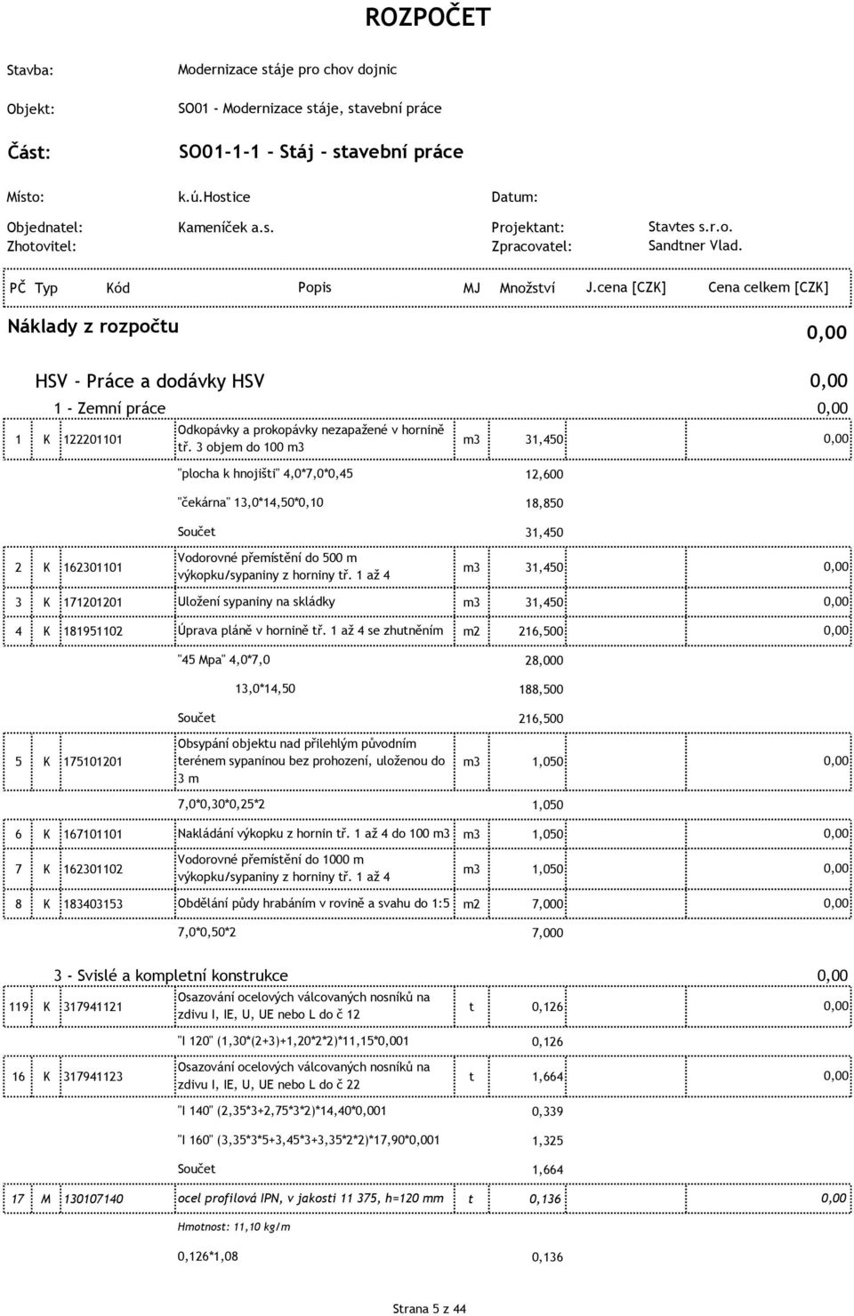 cena [CZK] Cena celkem [CZK] Náklady z rozpočtu HSV - Práce a dodávky HSV 1 - Zemní práce Odkopávky a prokopávky nezapažené v hornině 1 K 122201101 m3 31,450 tř.
