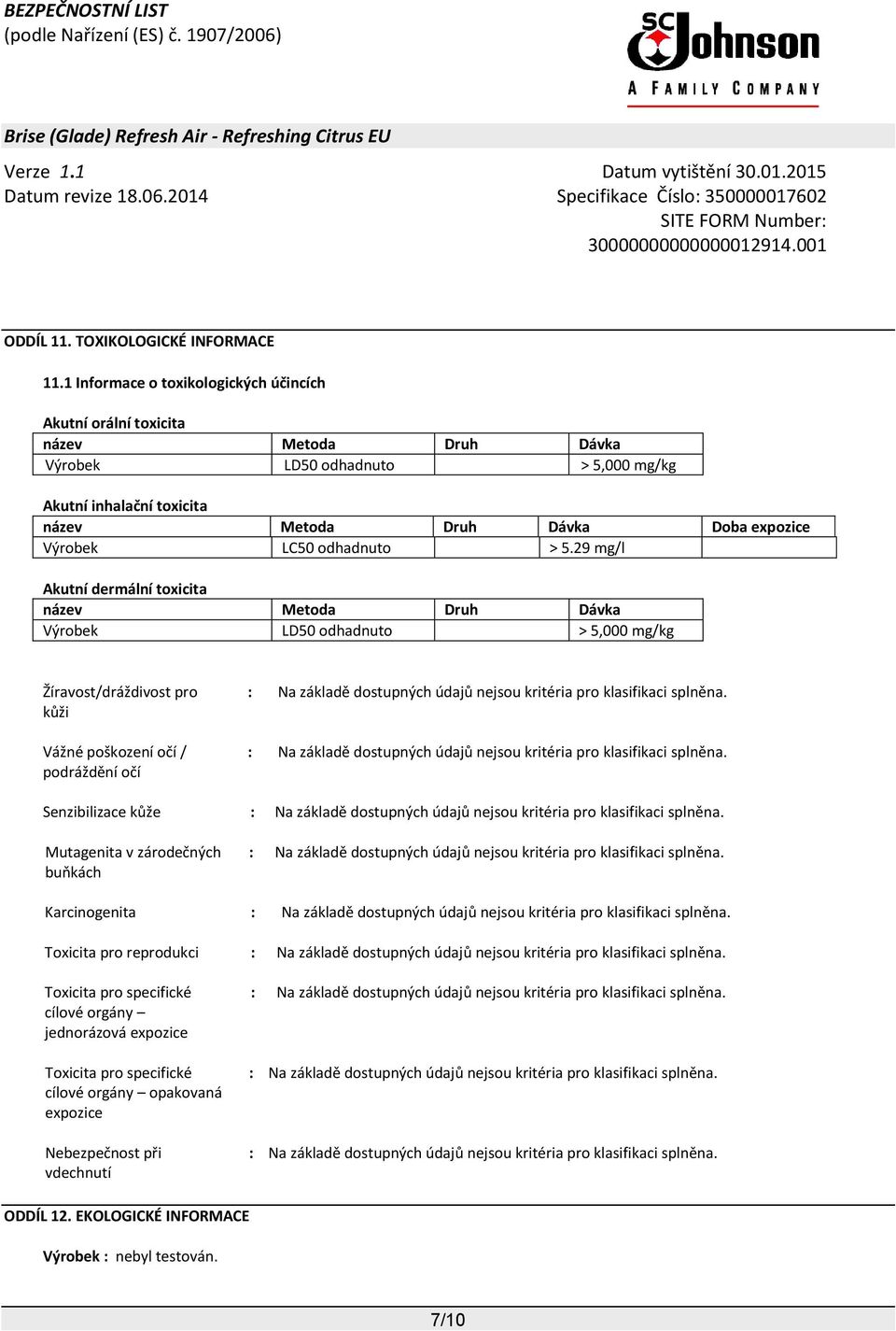 Doba expozice Výrobek LC50 odhadnuto > 5.