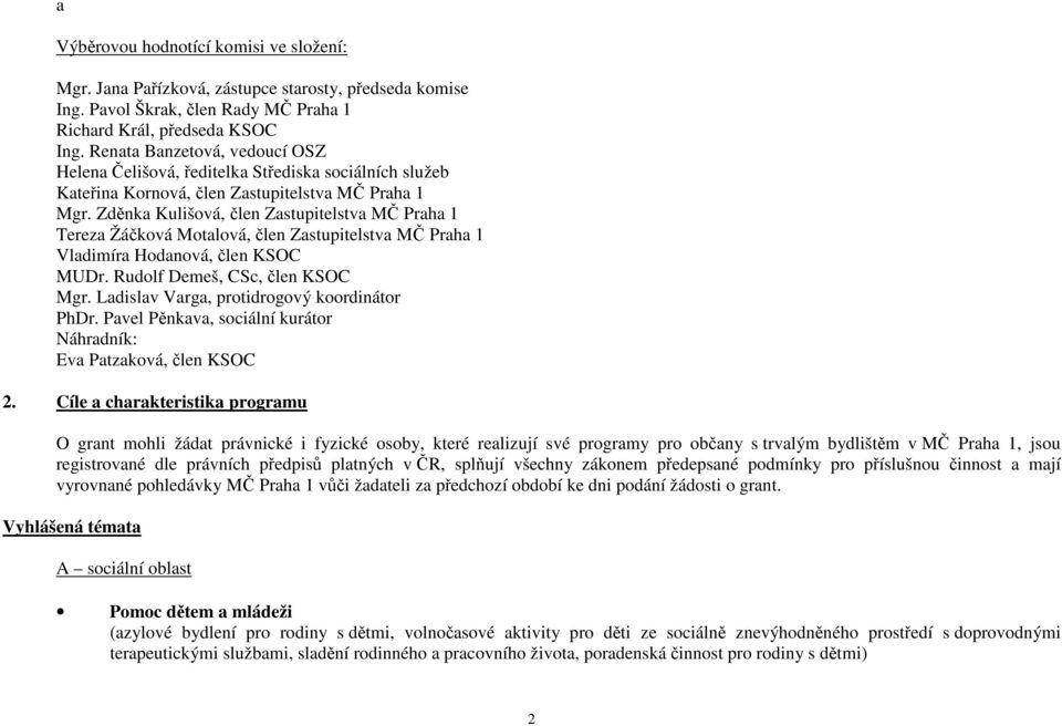 Zděnka Kulišová, člen Zastupitelstva MČ Tereza Žáčková Motalová, člen Zastupitelstva MČ Vladimíra Hodanová, člen KSOC MUDr. Rudolf Demeš, CSc, člen KSOC Mgr.