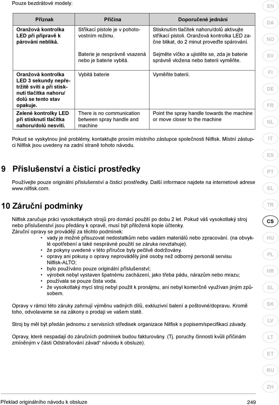 Sejměte víčko a ujistěte se, zda je baterie správně vložena nebo baterii vyměňte. Oranžová kontrolka LED 3 sekundy nepřetržitě svítí a při stisknutí tlačítka nahoru/ dolů se tento stav opakuje.