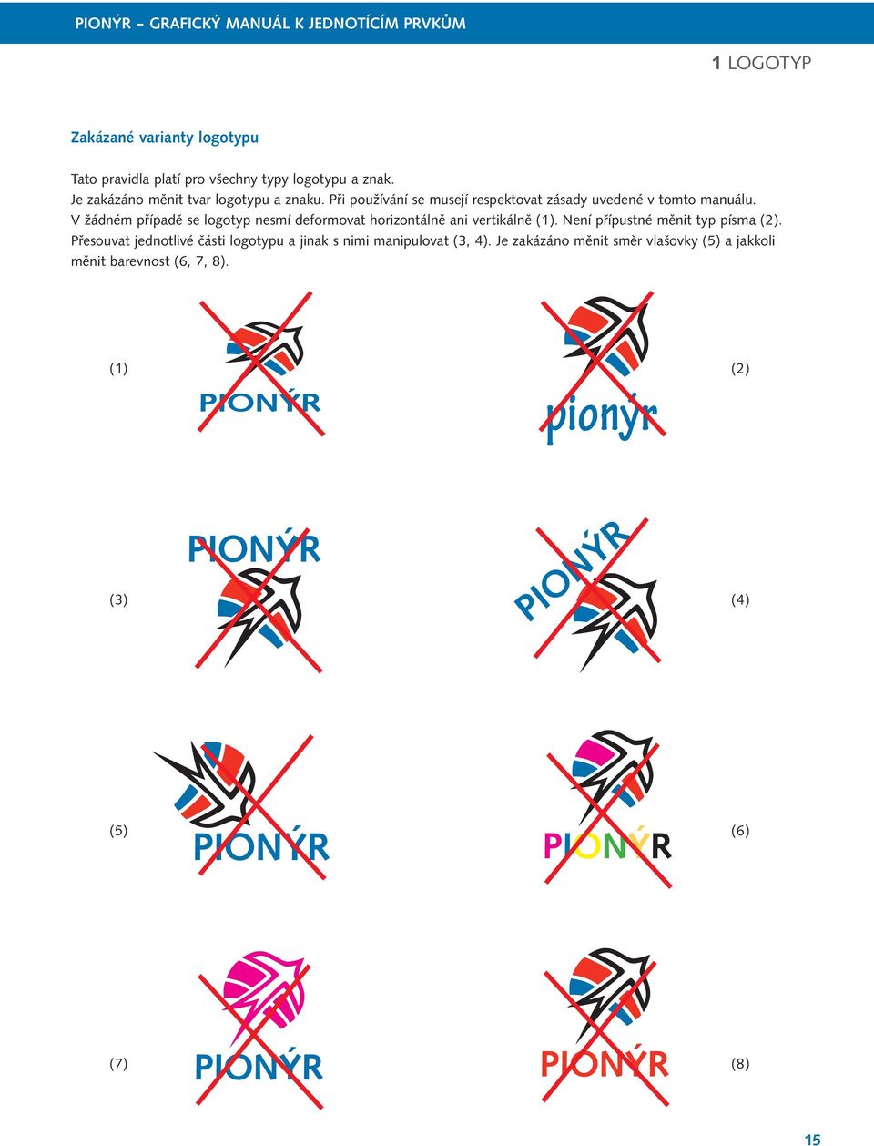 V žádném případě se logotyp nesmí deformovat horizontálně ani vertikálně (1). Není přípustné měnit typ písma (2).