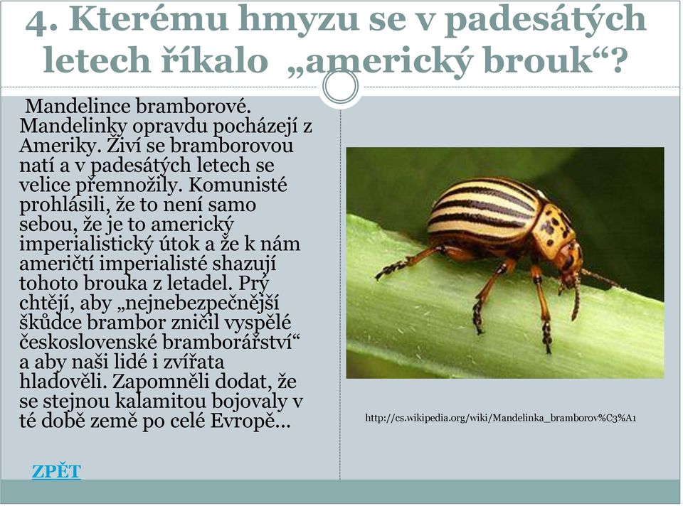 Komunisté prohlásili, že to není samo sebou, že je to americký imperialistický útok a že k nám američtí imperialisté shazují tohoto brouka z letadel.