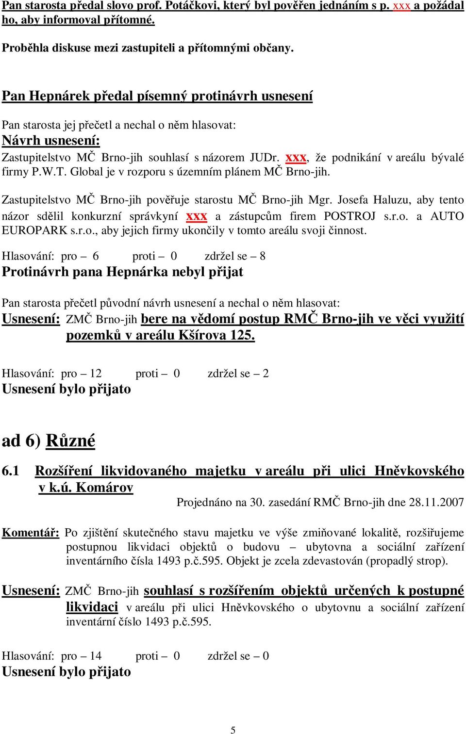 xxx, že podnikání v areálu bývalé firmy P.W.T. Global je v rozporu s územním plánem MČ Brno-jih. Zastupitelstvo MČ Brno-jih pověřuje starostu MČ Brno-jih Mgr.