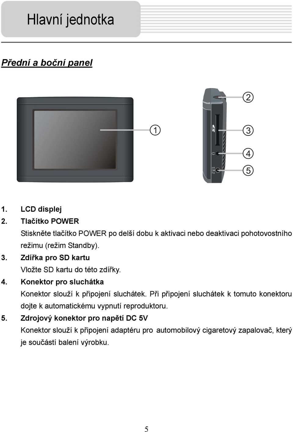Zdířka pro SD kartu Vložte SD kartu do této zdířky. 4. Konektor pro sluchátka Konektor slouží k připojení sluchátek.
