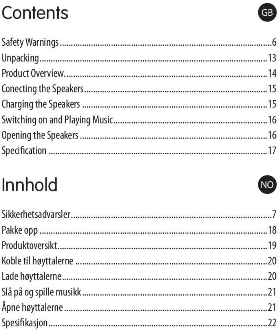 ..16 Specification...17 Innhold NO Sikkerhetsadvarsler...7 Pakke opp...18 Produktoversikt.