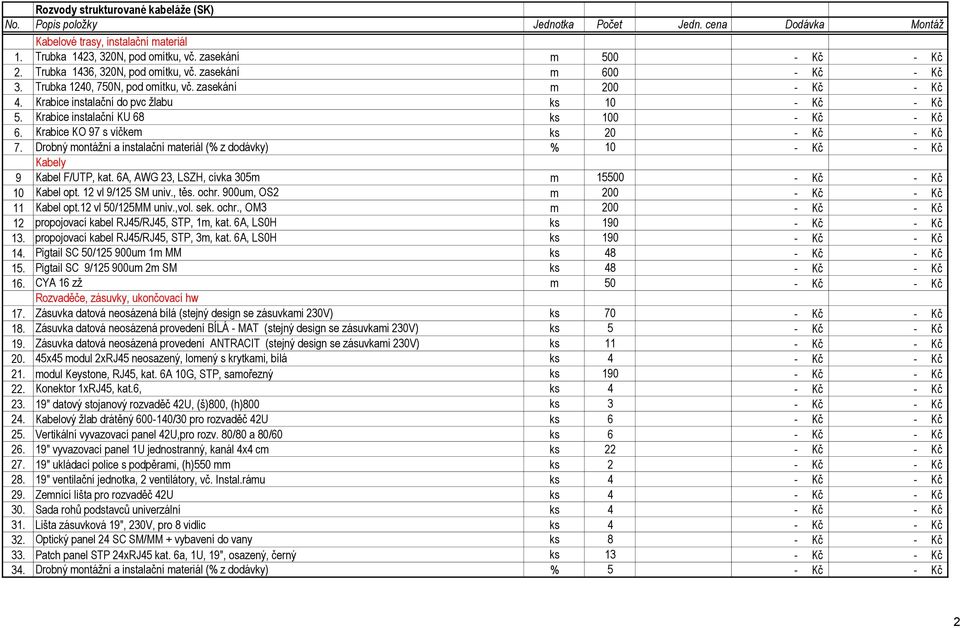 Krabice KO 97 s víčkem ks 20 7. Drobný montážní a instalační materiál (% z dodávky) % 10 Kabely 9 Kabel F/UTP, kat. 6A, AWG 23, LSZH, cívka 305m m 15500 10 Kabel opt. 12 vl 9/125 SM univ., těs. ochr.