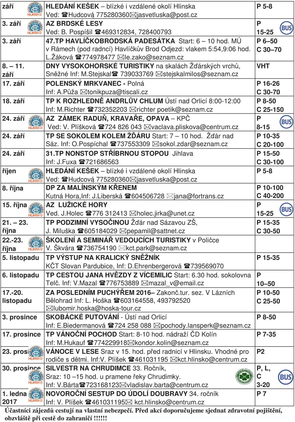 Stejskal 739033769 stejskalmilos@seznam.cz 17. září OLENSKÝ MRKVANEC - olná Inf: A.ůža tonikpuza@tiscali.cz 18. září T K ROZHLEDNĚ ANDRLŮV CHLUM Ústí nad Orlicí 8:00-12:00 Inf: M.