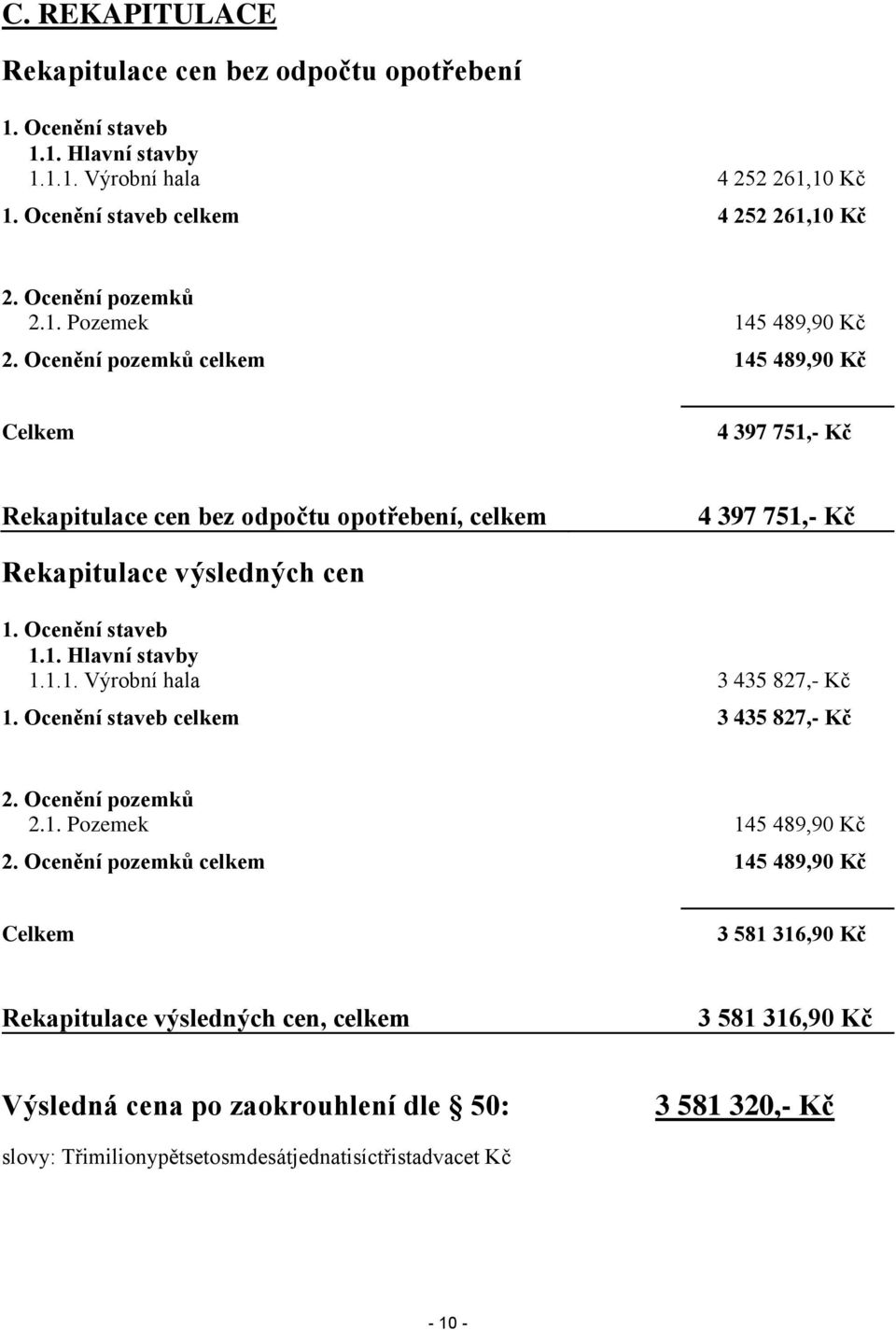 Ocenění pozemků celkem 145 489,90 Kč Celkem 4 397 751,- Kč Rekapitulace cen bez odpočtu opotřebení, celkem 4 397 751,- Kč Rekapitulace výsledných cen 1. Ocenění staveb 1.1. Hlavní stavby 1.