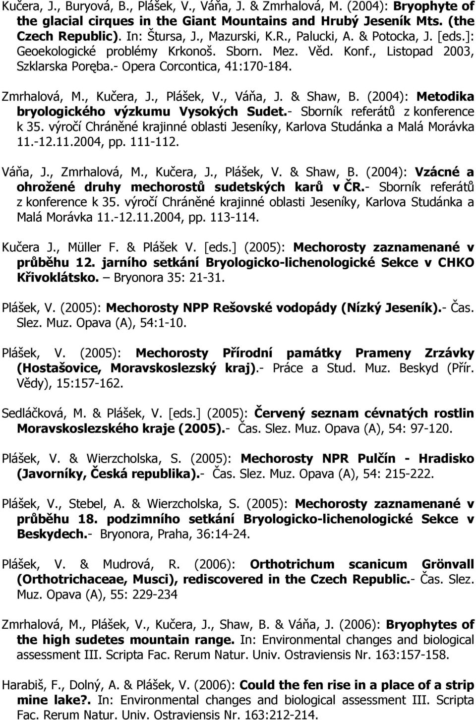 , Váňa, J. & Shaw, B. (2004): Metodika bryologického výzkumu Vysokých Sudet.- Sborník referátů z konference k 35. výročí Chráněné krajinné oblasti Jeseníky, Karlova Studánka a Malá Morávka 11.