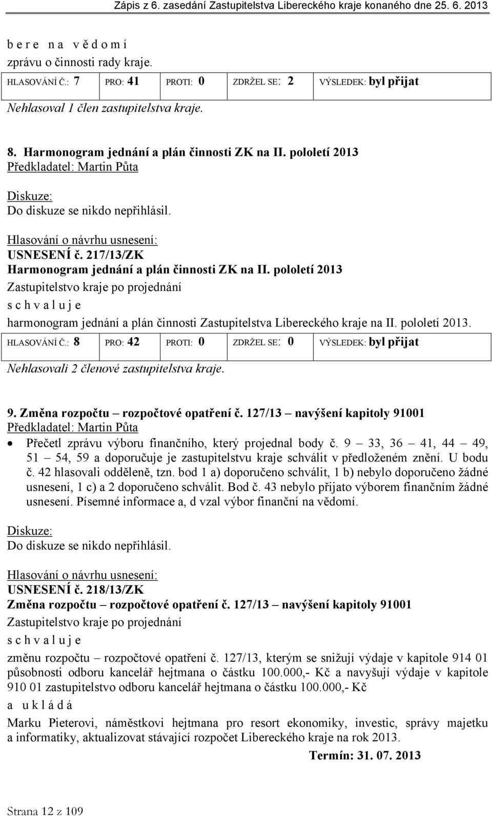 pololetí 2013 schvaluje harmonogram jednání a plán činnosti Zastupitelstva Libereckého kraje na II. pololetí 2013. HLASOVÁNÍ Č.