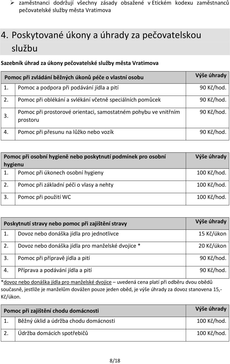 Pomoc a podpora při podávání jídla a pití 90 Kč/hod. 2. Pomoc při oblékání a svlékání včetně speciálních pomůcek 90 Kč/hod. 3.