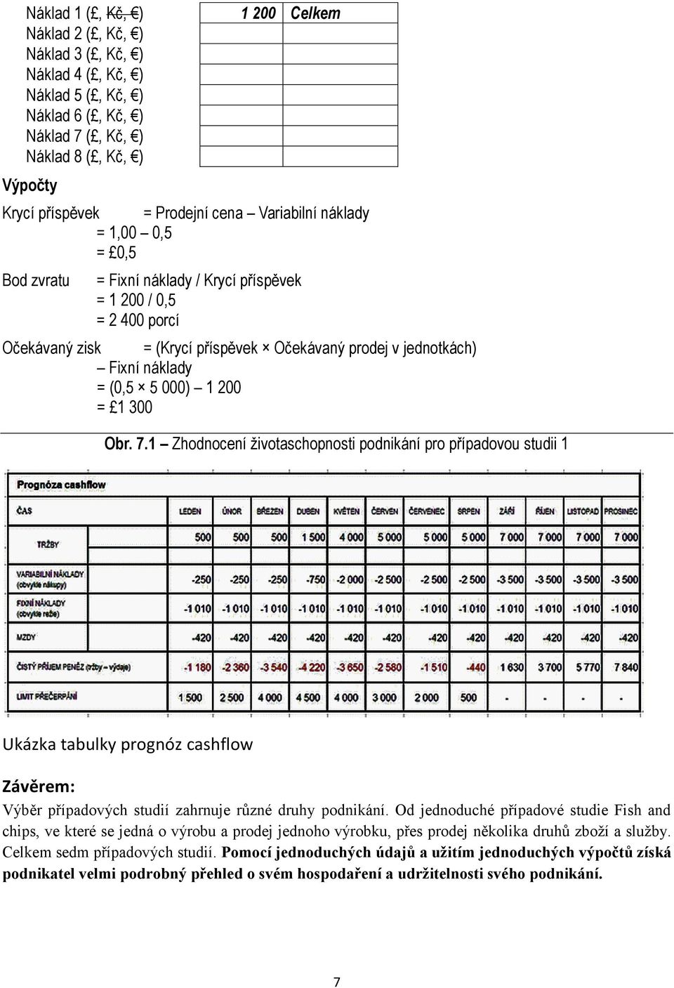 000) 1 200 = 1 300 Obr. 7.1 Zhodnocení životaschopnosti podnikání pro případovou studii 1 Ukázka tabulky prognóz cashflow Závěrem: Výběr případových studií zahrnuje různé druhy podnikání.