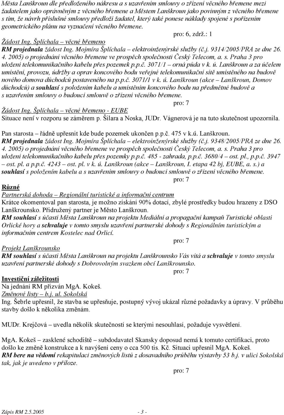 Šplíchala věcné břemeno RM projednala žádost Ing. Mojmíra Šplíchala elektroinženýrské služby (č.j. 9314/2005/PRA ze dne 26. 4.