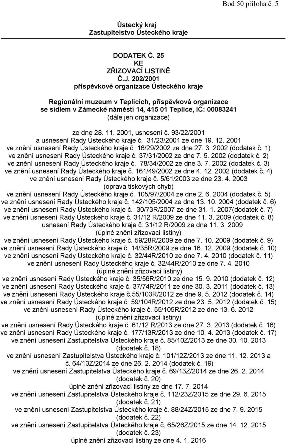 2001, usnesení č. 93/22/2001 a usnesení Rady Ústeckého kraje č. 31/23/2001 ze dne 19. 12. 2001 ve znění usnesení Rady Ústeckého kraje č. 16/29/2002 ze dne 27. 3. 2002 (dodatek č.