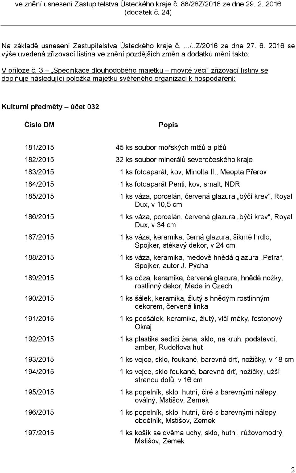 3 Specifikace dlouhodobého majetku movité věci zřizovací listiny se doplňuje následující položka majetku svěřeného organizaci k hospodaření: Kulturní předměty účet 032 Číslo DM Popis 181/2015 45 ks