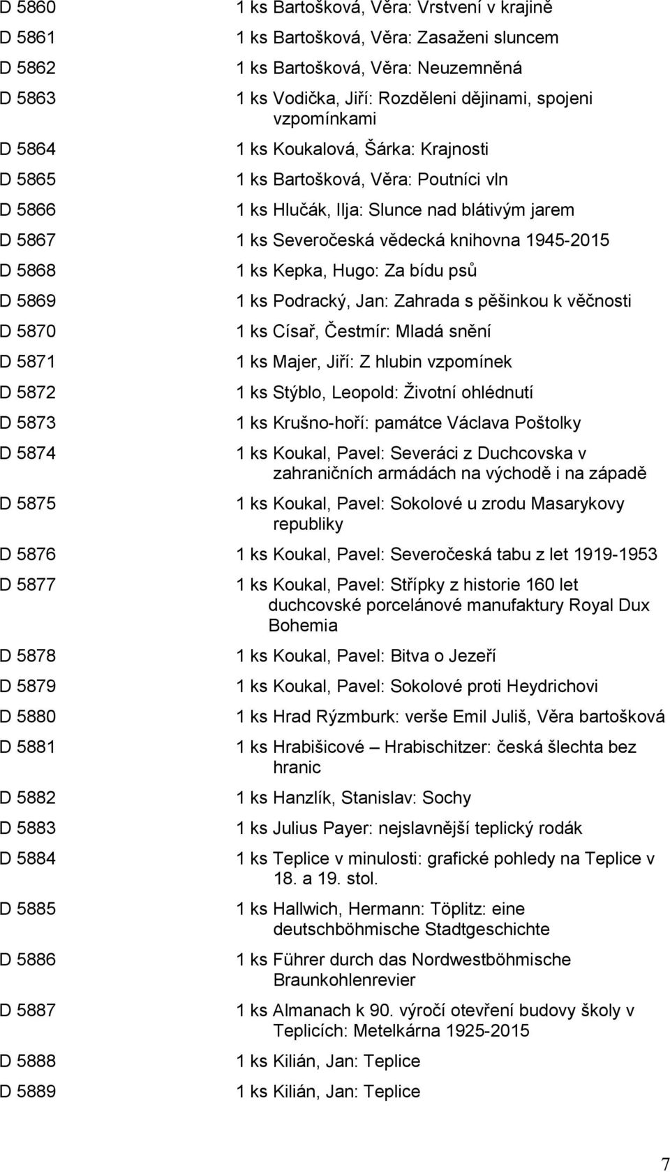 5868 D 5869 D 5870 D 5871 D 5872 D 5873 D 5874 D 5875 1 ks Kepka, Hugo: Za bídu psů 1 ks Podracký, Jan: Zahrada s pěšinkou k věčnosti 1 ks Císař, Čestmír: Mladá snění 1 ks Majer, Jiří: Z hlubin