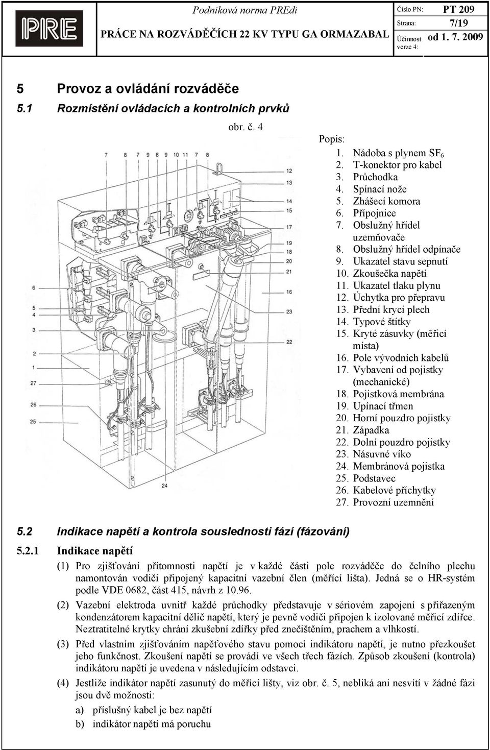 Přední krycí plech 14. Typové štítky 15. Kryté zásuvky (měřicí místa) 16. Pole vývodních kabelů 17. Vybavení od pojistky (mechanické) 18. Pojistková membrána 19. Upínací třmen 20.