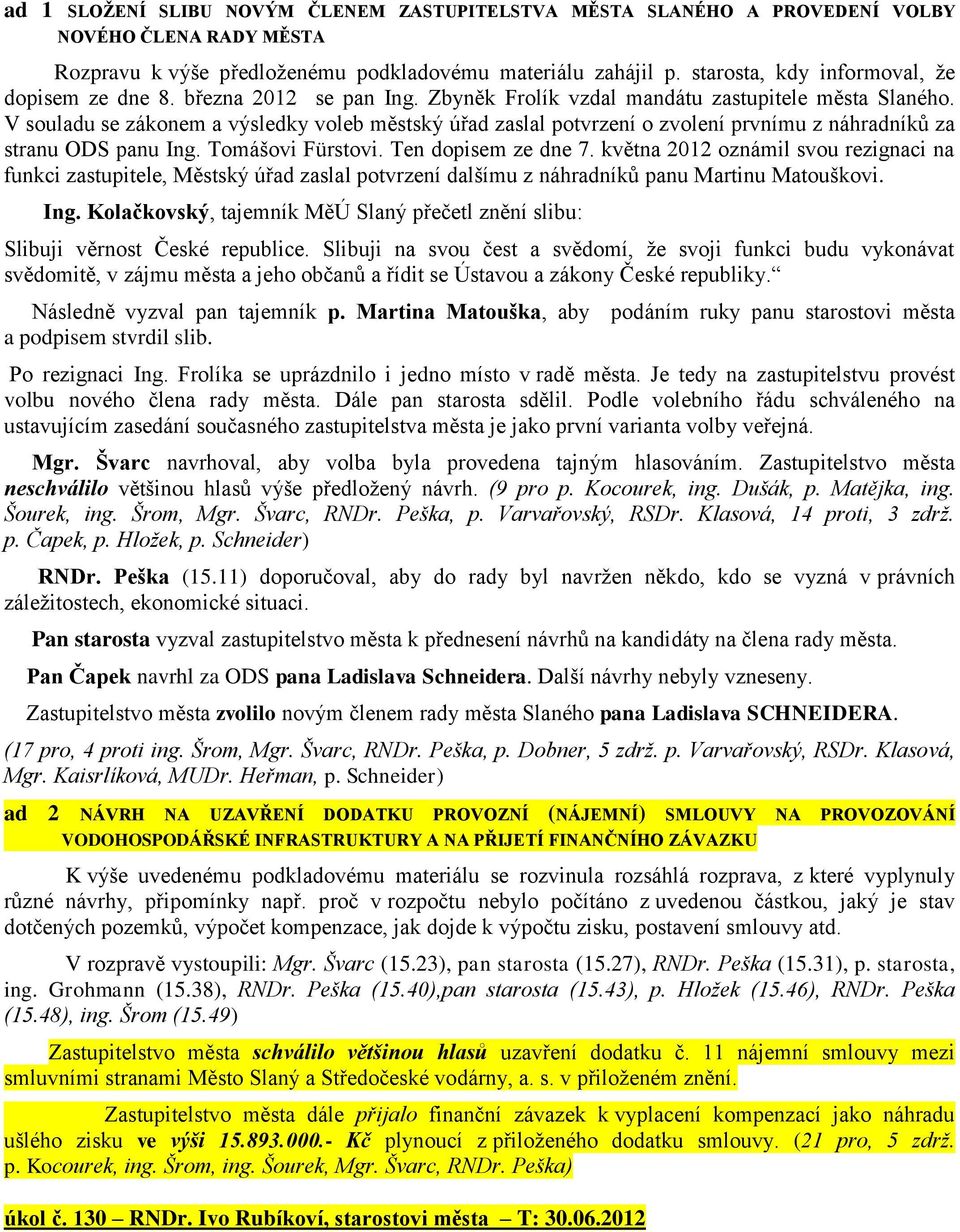 V souladu se zákonem a výsledky voleb městský úřad zaslal potvrzení o zvolení prvnímu z náhradníků za stranu ODS panu Ing. Tomášovi Fürstovi. Ten dopisem ze dne 7.